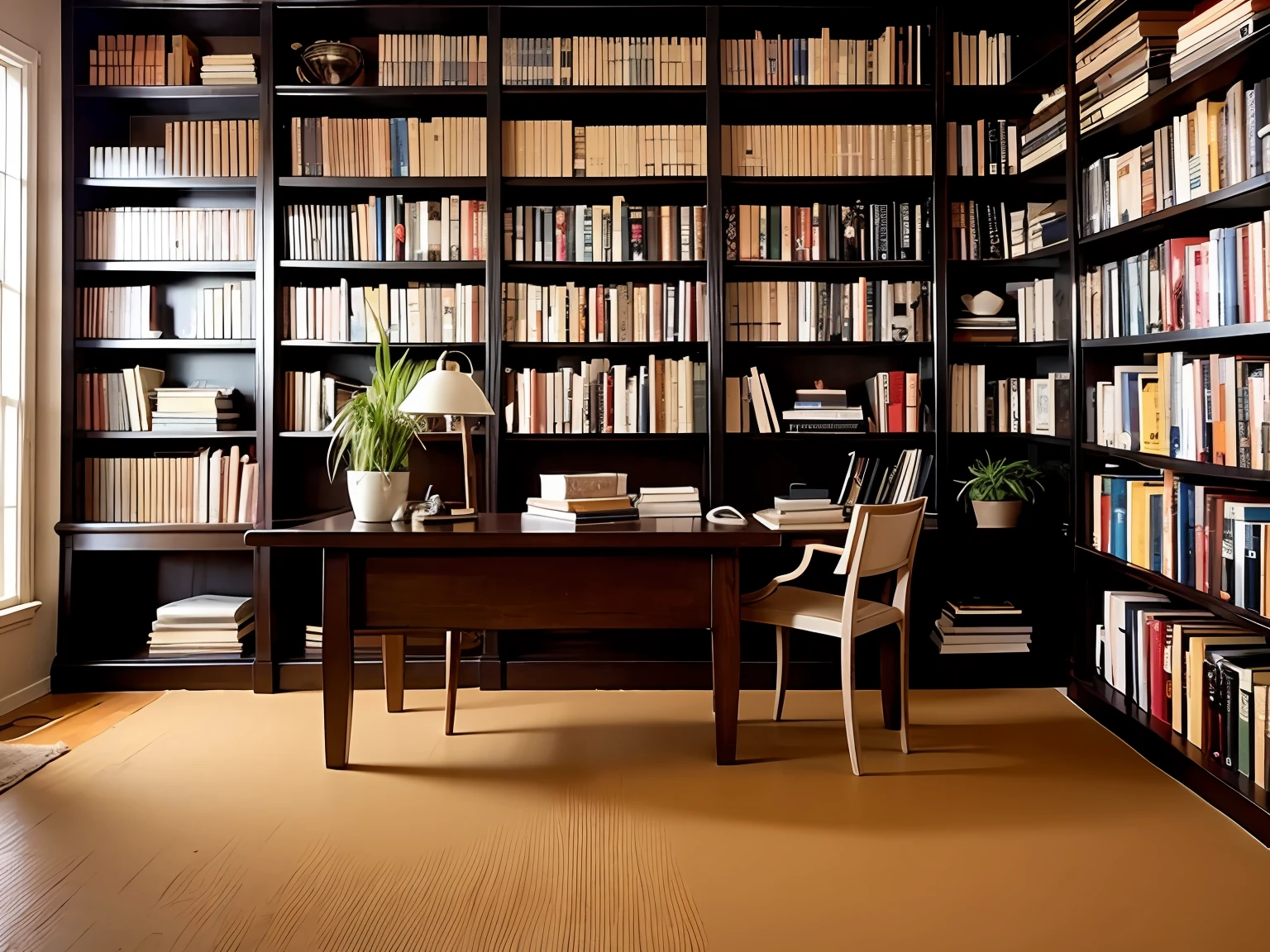 Minimalist Interior Design Style, luxuries home office with a hyperrealistic touch, plush carpet, large plant, table lamp, bookshelves, (pale colored books), Cinematic lighting, elegant color scheme, stunning interior design.