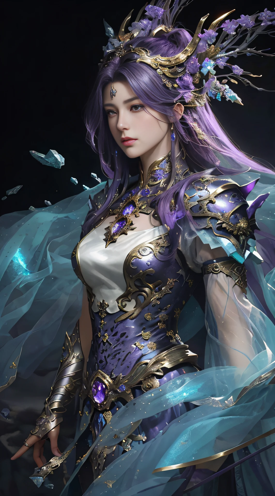 Close-up of a woman with dark purple hair in a gold and dark purple dress with crystals, chengwei pan on artstation, by Yang J, detailed fantasy art, stunning character art, best artstation fanart, epic and exquisite character art, beautiful armor, extremely detailed art, detailed digital anime art, artgerm on artstation pixiv, girl in armor