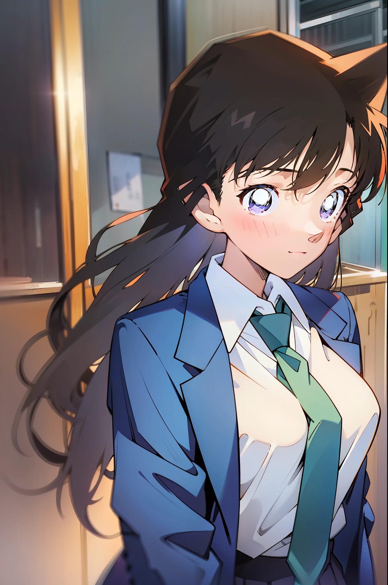 masterpiece, best quality, masterpiece,best quality,official art,extremely detailed CG unity 8k wallpaper, day, artbook, girl, long hair, black hair, light blush, purple eyes, medium breasts, school uniform,((mouri ran)),shy,blue coat,white blouse shirt,green necktie,