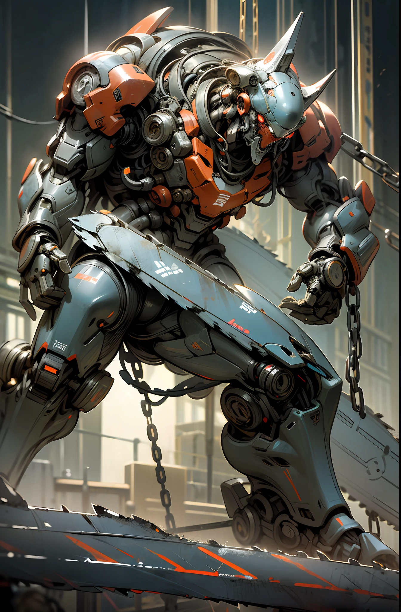 Dark_Fantasy,Cyberpunk,(chain saw,chain saw man,Red:1.1),1man,Mechanical marvel,Robotic presence,Cybernetic guardian, wearing a worn-out mech suit, intricate, (steel metal [rusty]), elegant, clear focus, shot by greg rutkowski, soft lighting, vibrant colors, masterpiece, ((street)), cowboy shot, dynamic pose,