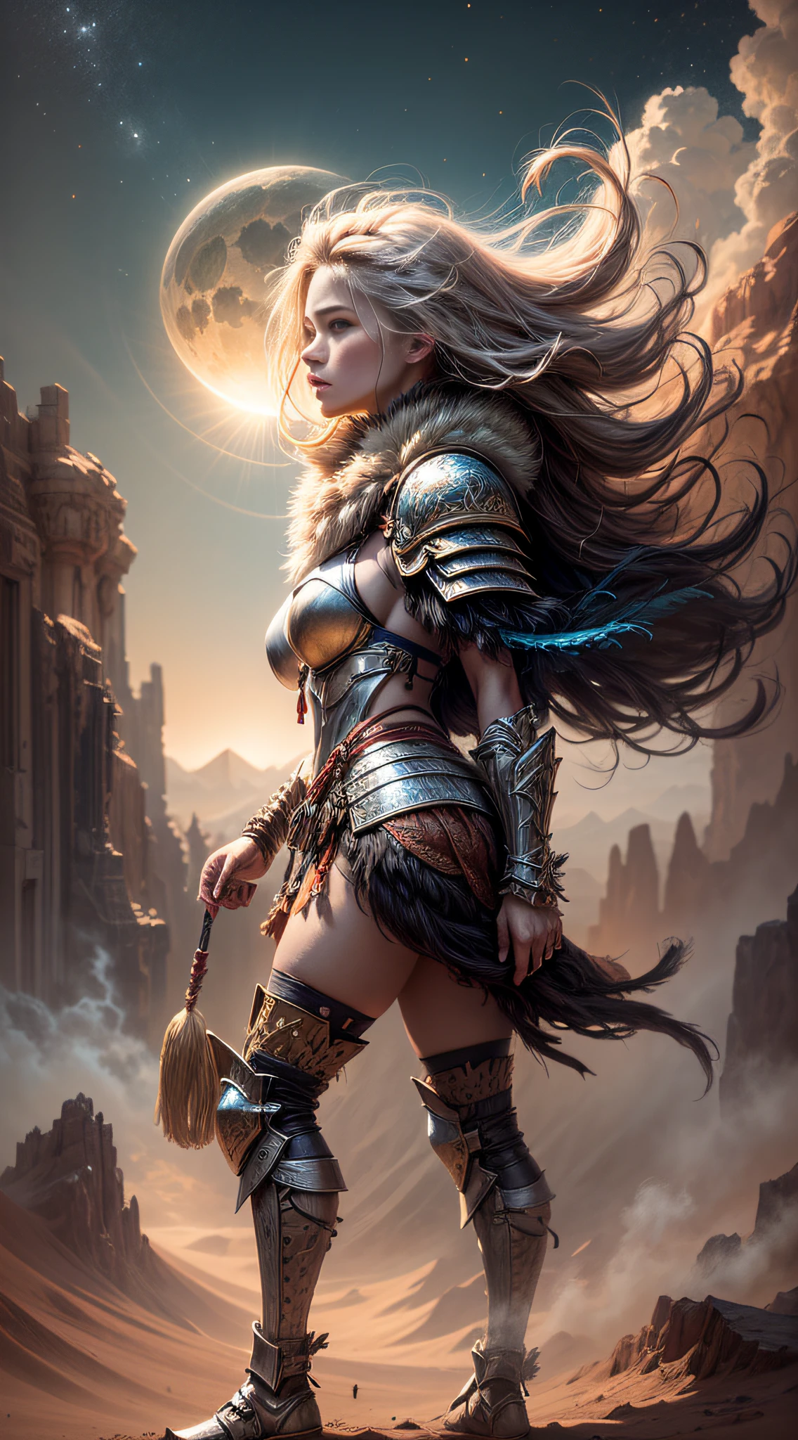 A courageous warrior girl with flowing golden locks, dressed in weathered leather armor adorned with feathers and tribal symbols. She stands on the edge of a cliff overlooking a vast desert landscape, with swirling sand dunes stretching as far as the eye can see. The sun hangs low in the sky, casting a warm orange glow over the scene. The wind whips through the warrior girl's hair, carrying with it the whispers of distant adventures. In the distance, a magnificent sandstorm looms, adding an element of danger and excitement to the atmosphere. The image is a painting executed with rich earthy tones and textured brushstrokes,