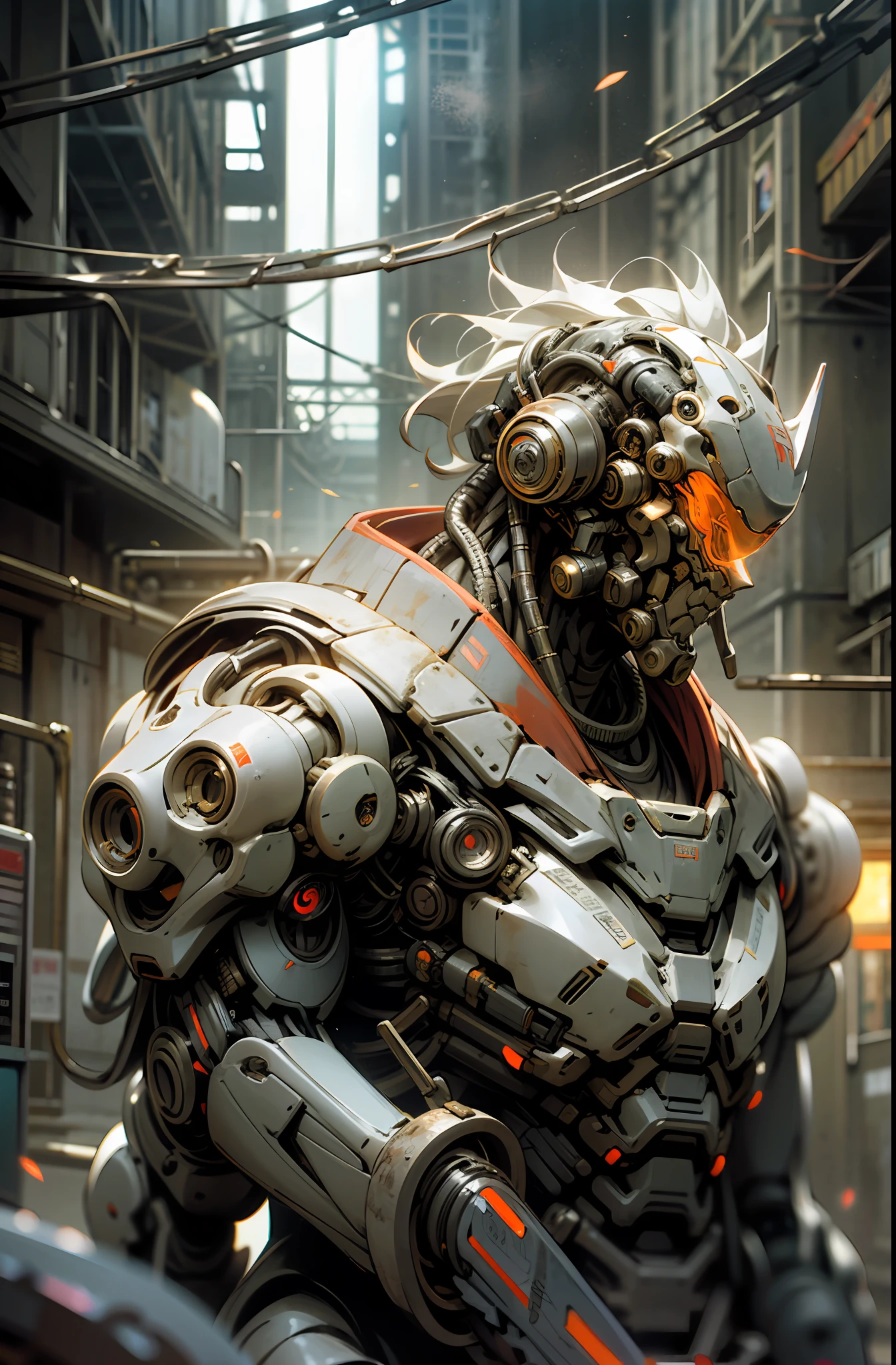 Dark_Fantasy,Cyberpunk,(chain saw,chain saw man,Red:1.1),1man,Mechanical marvel,Robotic presence,Cybernetic guardian, wearing a worn-out mech suit, intricate, (steel metal [rusty]), elegant, clear focus, shot by greg rutkowski, soft lighting, vibrant colors, masterpiece, ((street)), cowboy shot, dynamic pose,
