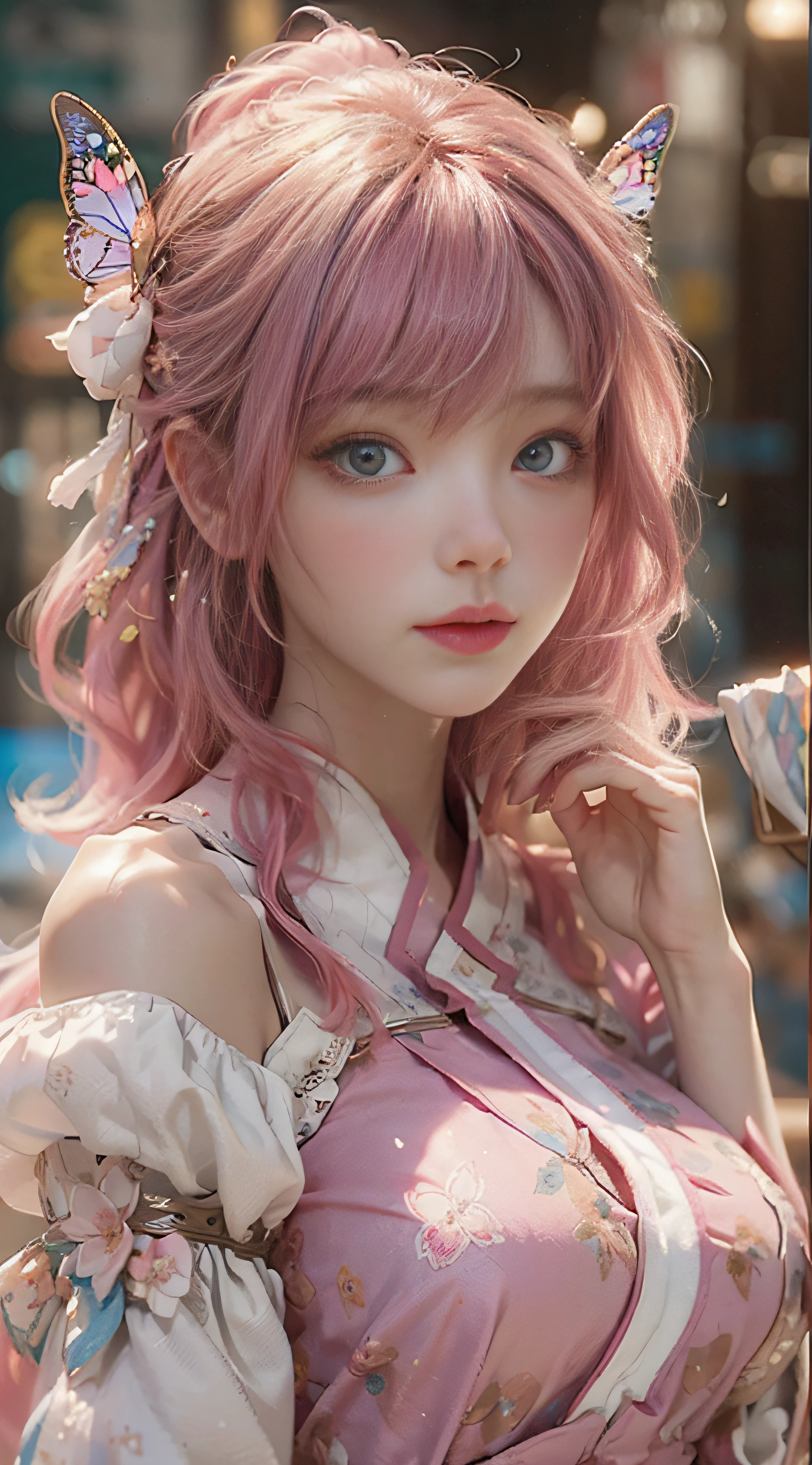 ((best qulaity)), ((nmasterpiece)), (Detail:1.4), 3D, Beautiful cyberpunk female images,hdr(High dynamic range),raytraced,NVIDIA RTX,hyper resolution,illusory 5,sub-surface Scattering,PBR textures,post-processed,Anisotropic filtration,deep of field,maximum definition and sharpness,multi-layer texture,Albedo e mapas Speculares,Surface Coloring,Mitsu-Accurate simulation of material interactions,perfectly proportioned,octane rendered,Two-colored light,Large aperture,Low ISO,White balance,Rule three points、8K raw data、beautiful bright pupils,Off-the-shoulder clothing,Fine pupils,Delicate face and eyes,long eyelash,Blushlush,Delicate and fluffy hair,Pink lips,Pure,cute pubic hair,Sweet girl,Artistic sense,Casual wear,Advancedsense,butterflies,Cherry blossom petals,Beautiful hair accessories,Pink hair