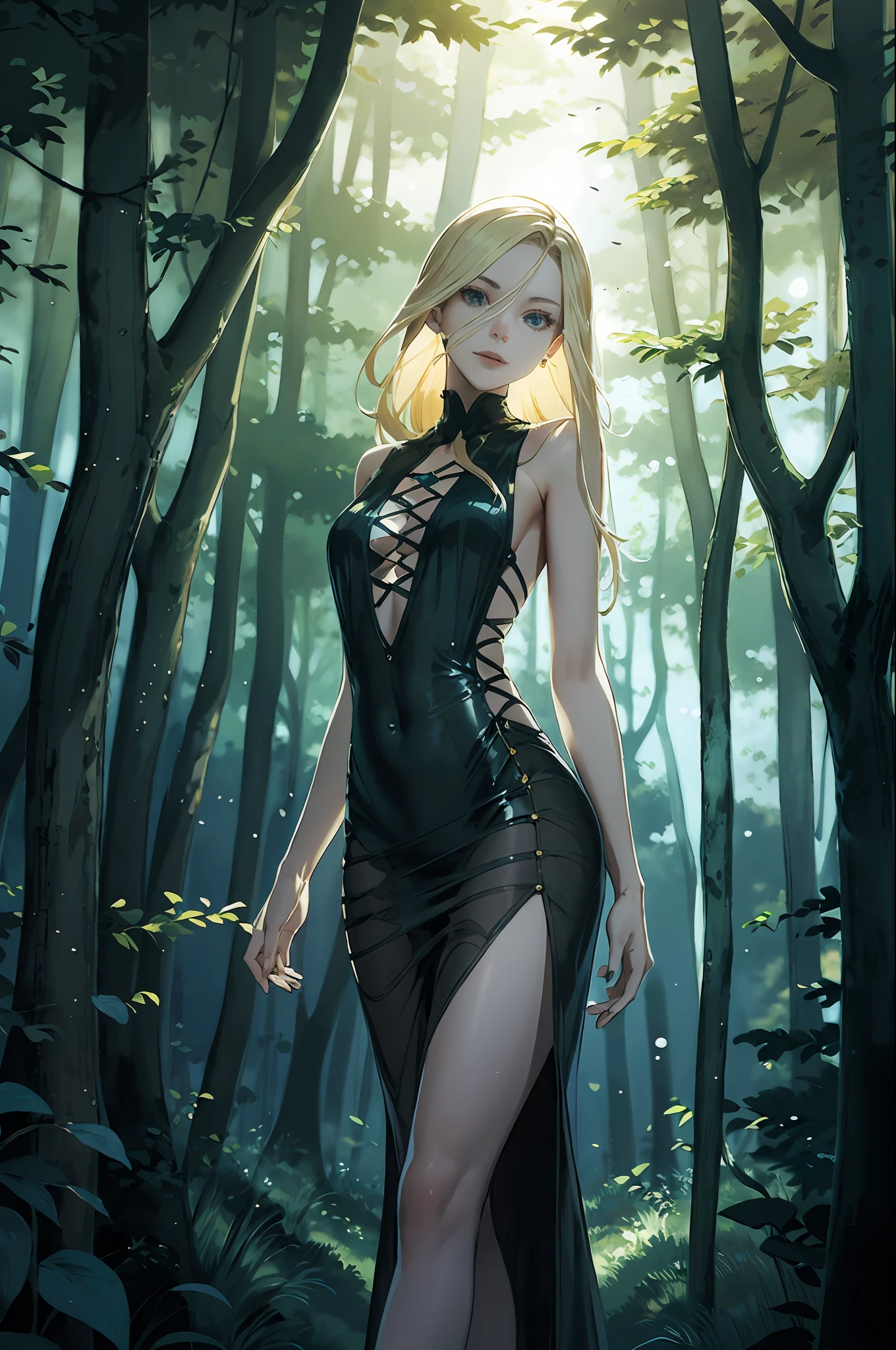 “((nmasterpiece)),High quality,Super meticulous,A very sexy seductive young blonde walking in the forest of avatar style,long strip, Shiny hair,Ragged clothes,Very transparent gothic mini dress,Mysterious and magical atmosphere,Tall tree-lined trees behind her,stunning lighting effects,A spectacle of pure natural beauty。”