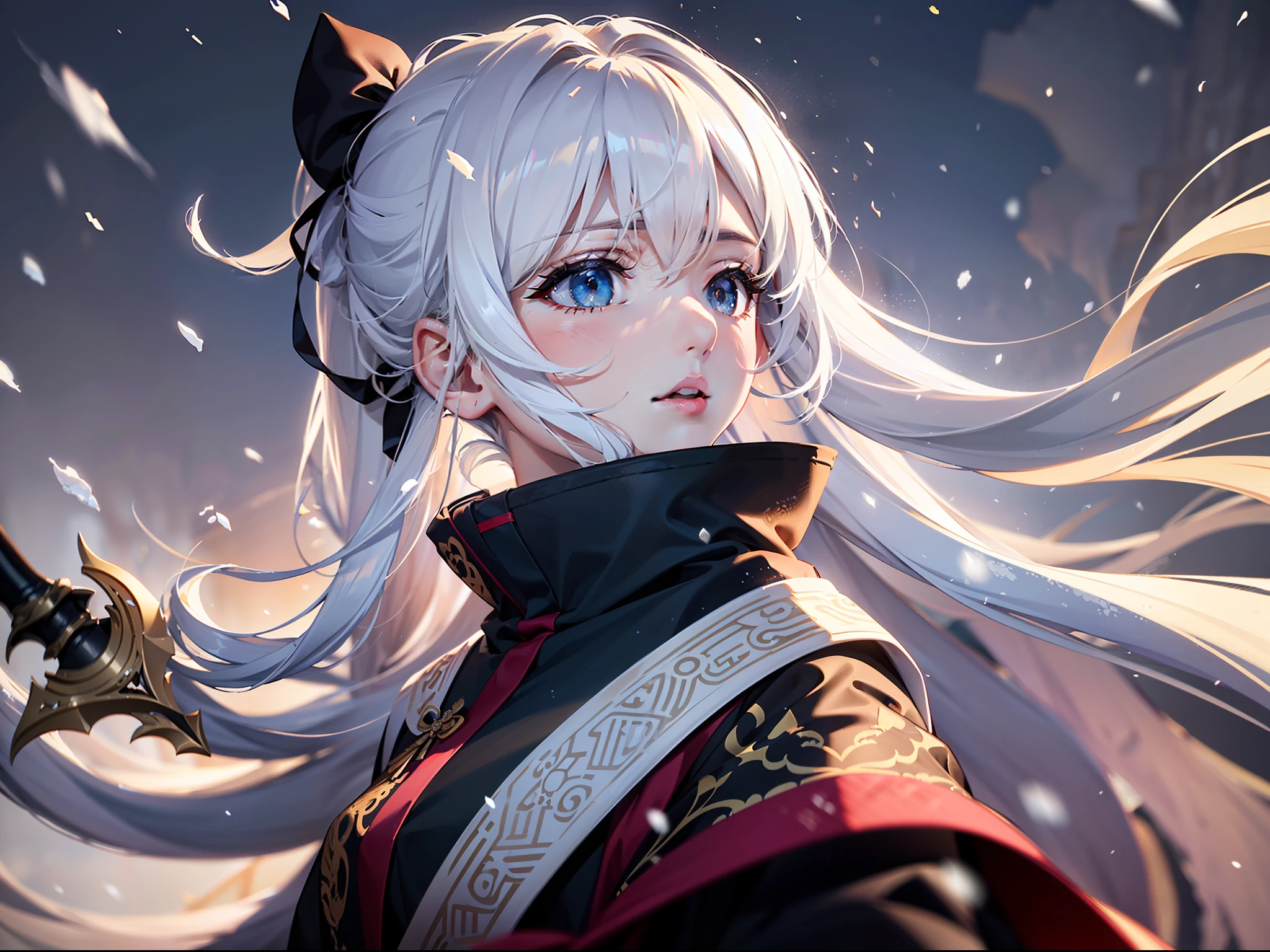 (CG Unity 8K wallpaper in extreme detail，nmasterpiece，Highest image quality)，(Delicate light and shadow，The picture is highly dramatic，Cinematic lens effect)， White long hair，gradient pink，Long single ponytail，pretty eyes，beautifull face，Expressionlessly，Black Hanfu(Printed with a dragon pattern），Carrying a long black knife，Facing the wind and snow，The background is on top of a snowy mountain(Exceptional detail，The lighting effect is outstanding，Vista wide angle)，(Excellent rendering，Enough to stand out from the crowd)，