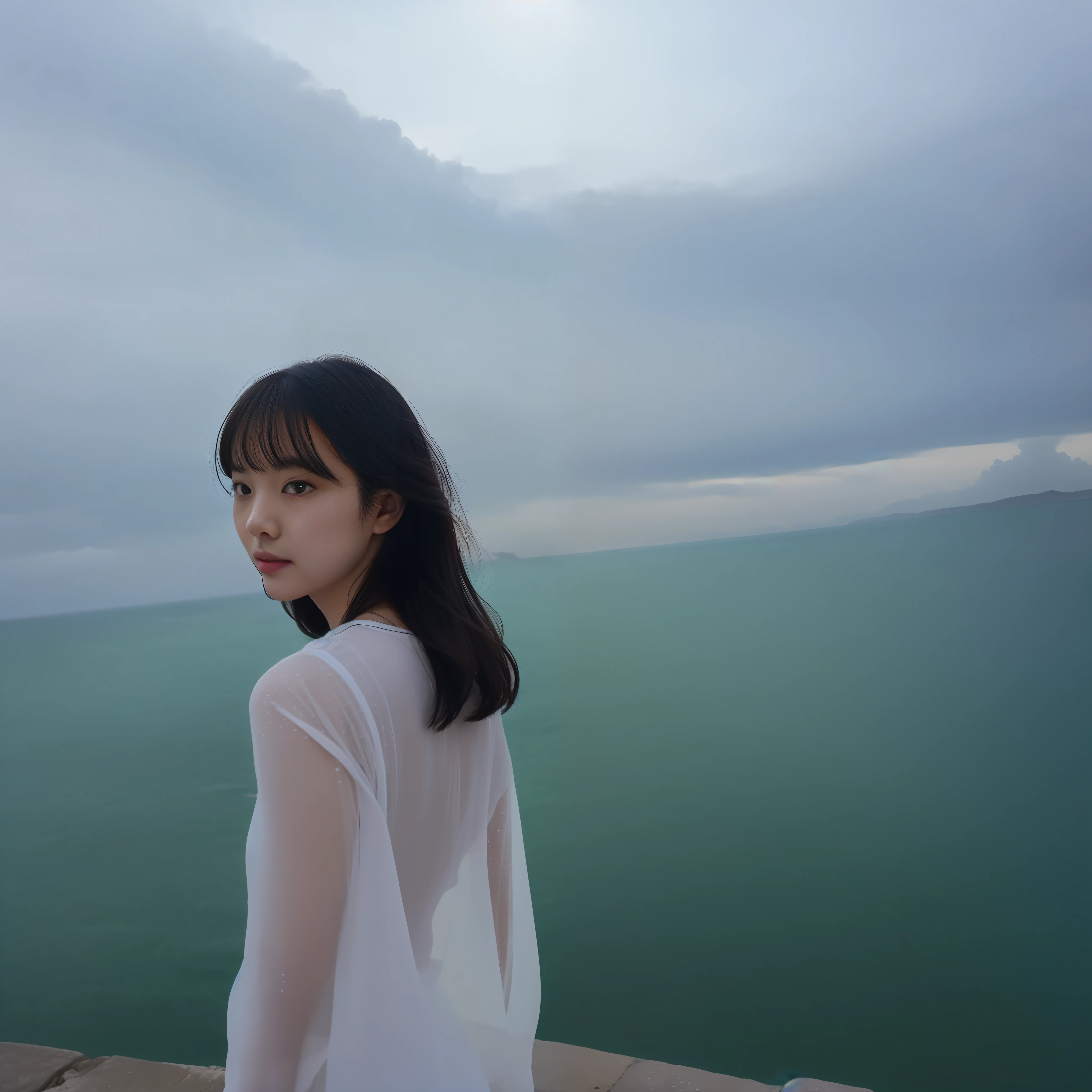 a photo　short-cut　Black Haired Woman　sea side　xia　Sheer sunlight　Into the cloud