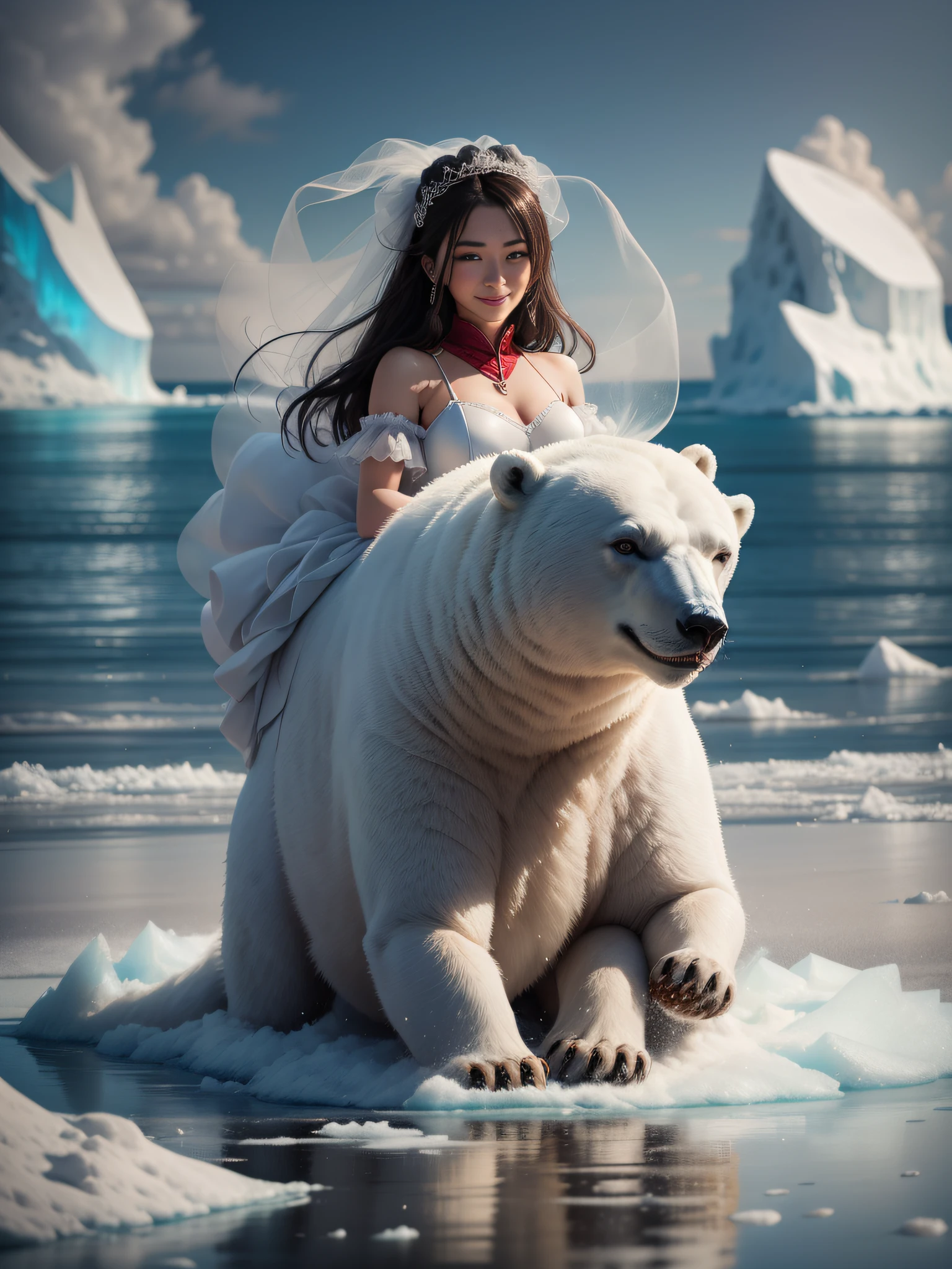 Daisaku, Photography RAW, Beautiful woman in wedding dress and a polar bear standing on ice, looking into the camera, Surrounded by sea and icebergs, blue sky with white clouds。, Light smile, Cinematic lighting, 35mm, hasselblatt, Cinematic lighting, Chiaroscuro, reflected light, Ultra HDR, Textured skin, Super detail, High details, High quality, awarding winning, Best quality, highly resolution, 16k