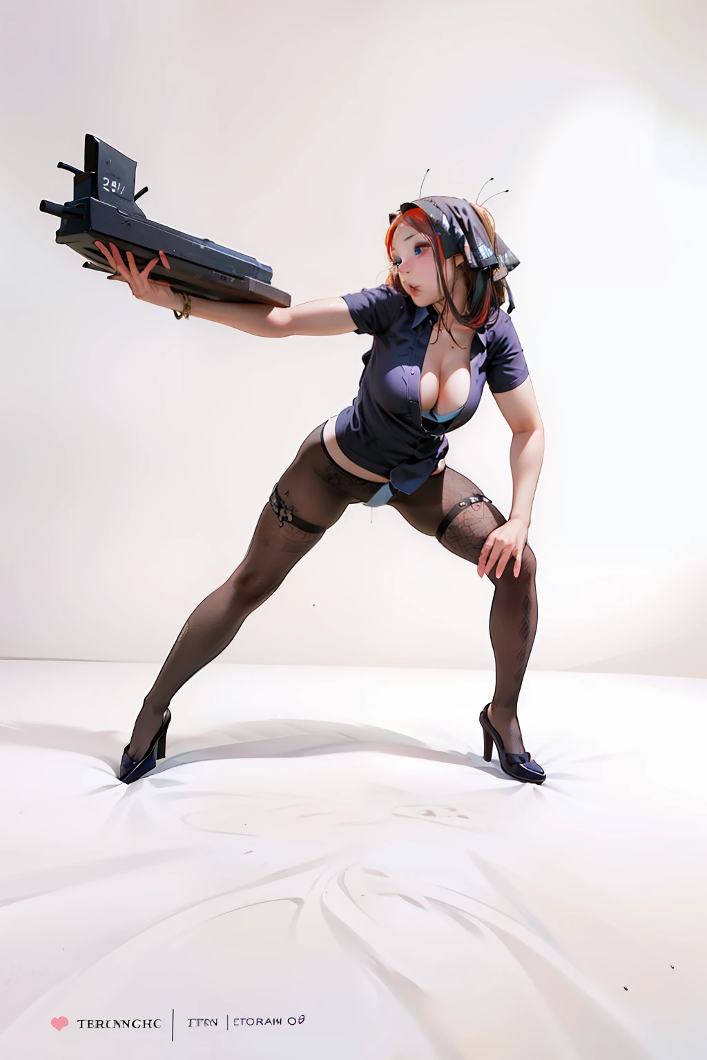 Sexy 20-year-old girl, japonesa, ojos grandes, cosplayer, melena rubia, superior negro, sujetando un subrifle, by day, el tirante de la camisa le cuelga por debajo del hombro, verano