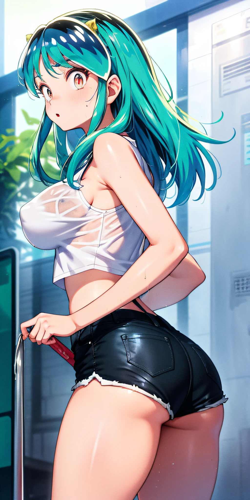 Lum invadeer, big boobs, wet, sweat, Best Quality, Ultra High Definition, Max Resolution, Ultra Detail, Anime, Bottom, A Girl, Very Cute, Medium Hair, Black Hair, Hair Ribbon, Hairpin, Colored Eyes, Short Shorts, Big Ass, Nipples