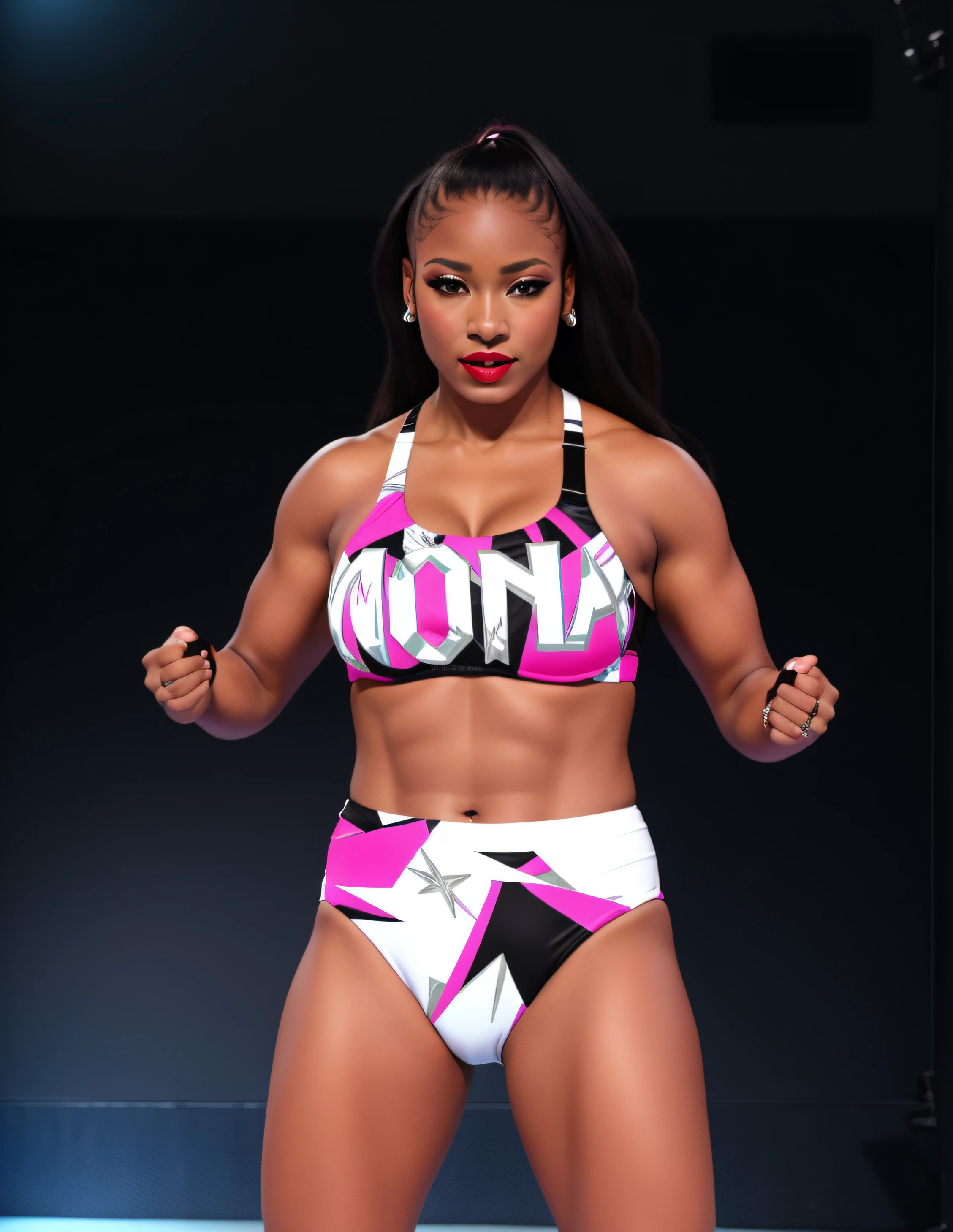 Curvy Black female wrestler with long hair, in black magenta and white bra that says "MONA" and has a lipstick motif, black magenta and white trunks, white wristbands, wearing makeup and lipstick, photo realistic, intricate details