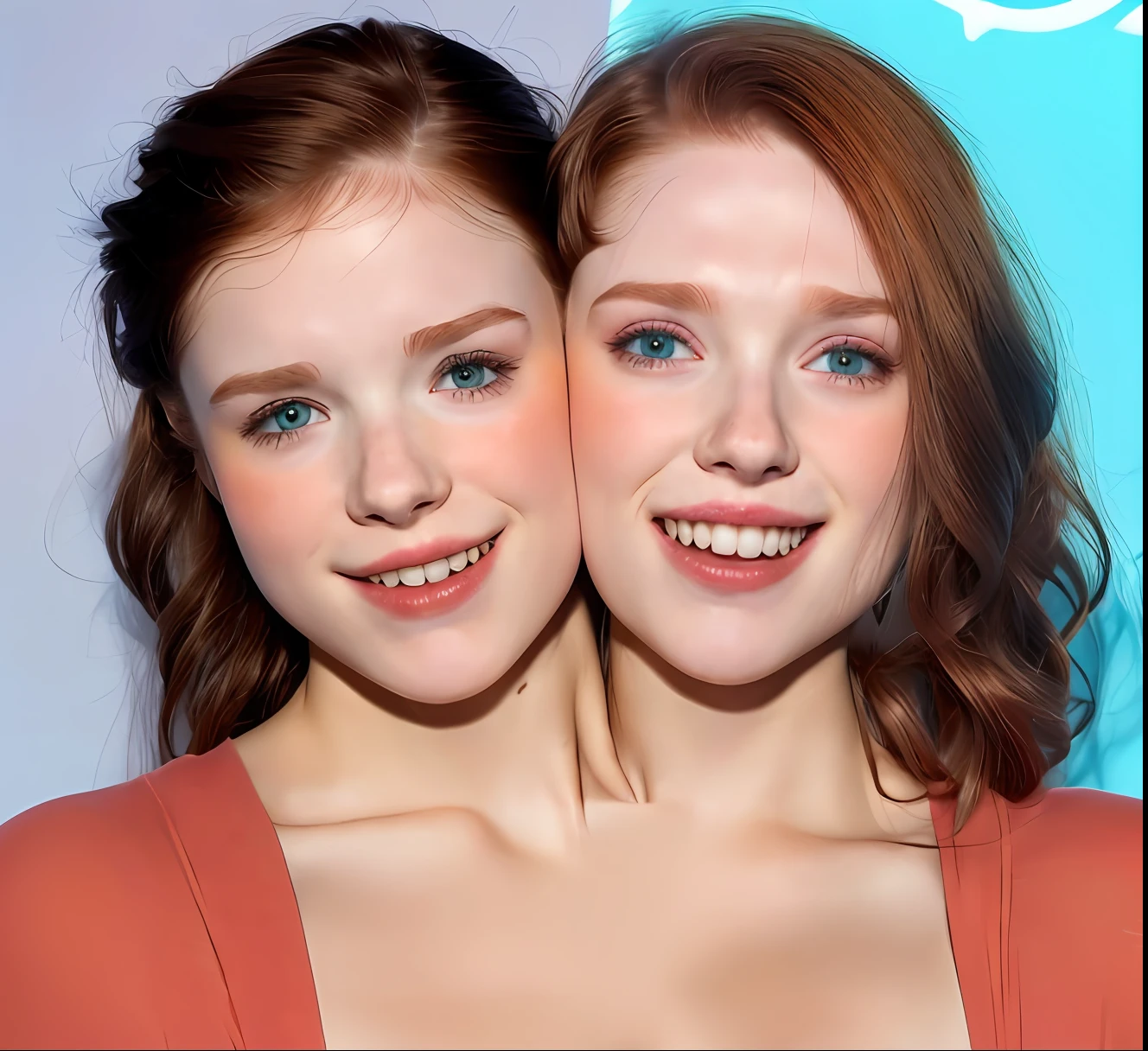 2heads, two headed girl, (one torso:1.5), pale skin, Scottish redhead, teenager, white girls, different ages, (two heads on one body:1.4), (first head uncomfortable:1.5), (second head unhappy:1.5) conjoined twins, heads side by side, one torso, young, uncomfortable, barefoot