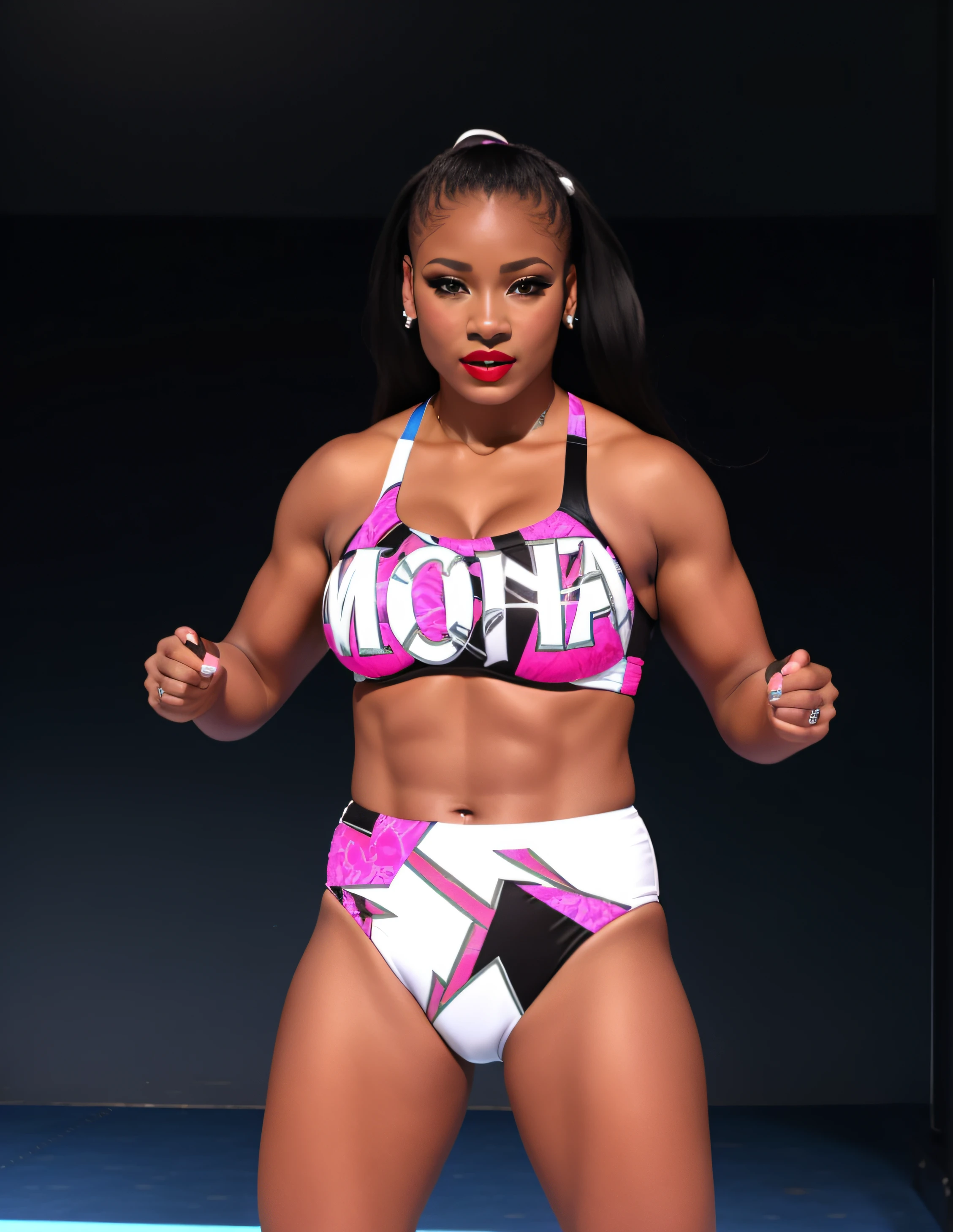 Curvy Black female wrestler with long hair, in black magenta and white bra that says "MONA" and has a lipstick motif, black magenta and white trunks, white wristbands, wearing makeup and lipstick, photo realistic, intricate details