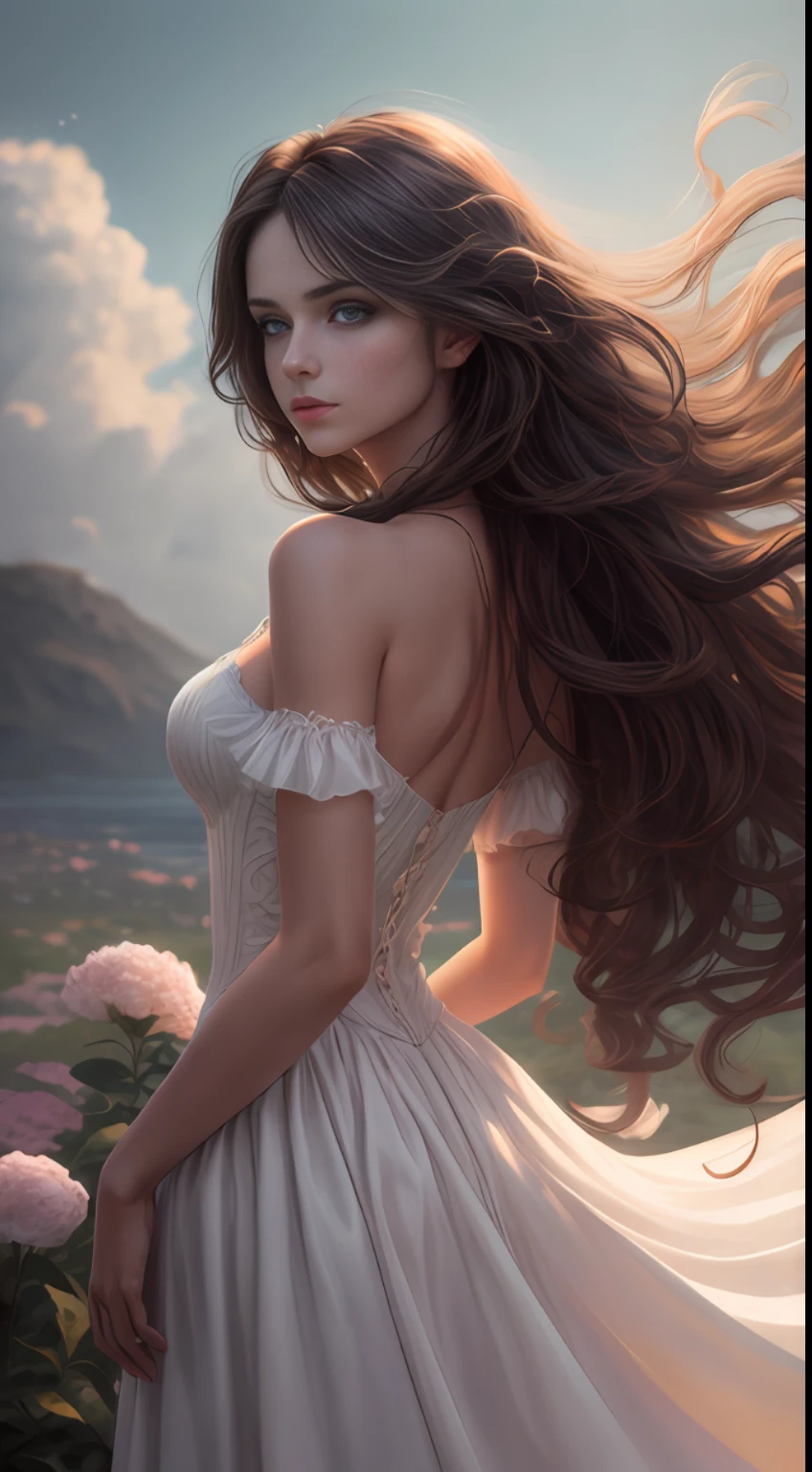 （best qualitiy，nmasterpiece）， Young woman，white  dress， lascivious posture， Particle， Tuuli， blooms， Haut du corps， looking at the spectator， Long curly wind blows brown hair， skies， back lit， rim-light， Beautiful artwork， Perfect composition