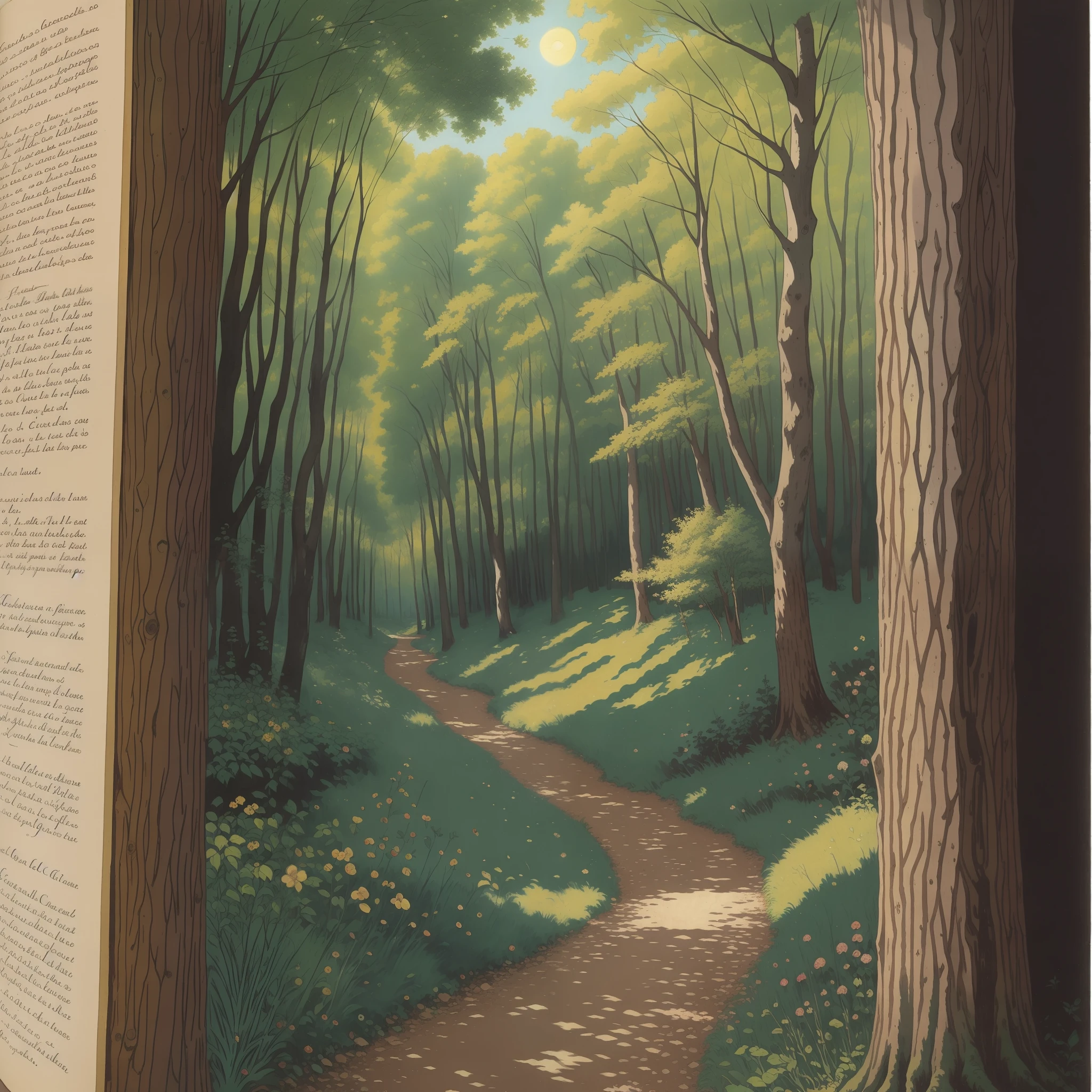 Gustave Courbet、a storybook illustration、Paths in the forest、In the overgrown forest、Sunlight、a Pretty、colored illustration、Colorful colors、18th century France、