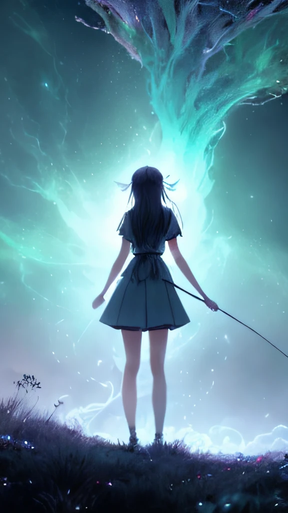 anime girl standing in front of a tall tree with a glowing light, concept art magical highlight, luminescent wisps, wisps, magical concept art, luminescent concept art, beautiful painting of a tall, glowing swirling mist, a friendly wisp, twirling glowing sea plants, Beautiful digital artwork, spirit fantasy concept art, glowing threads of drop