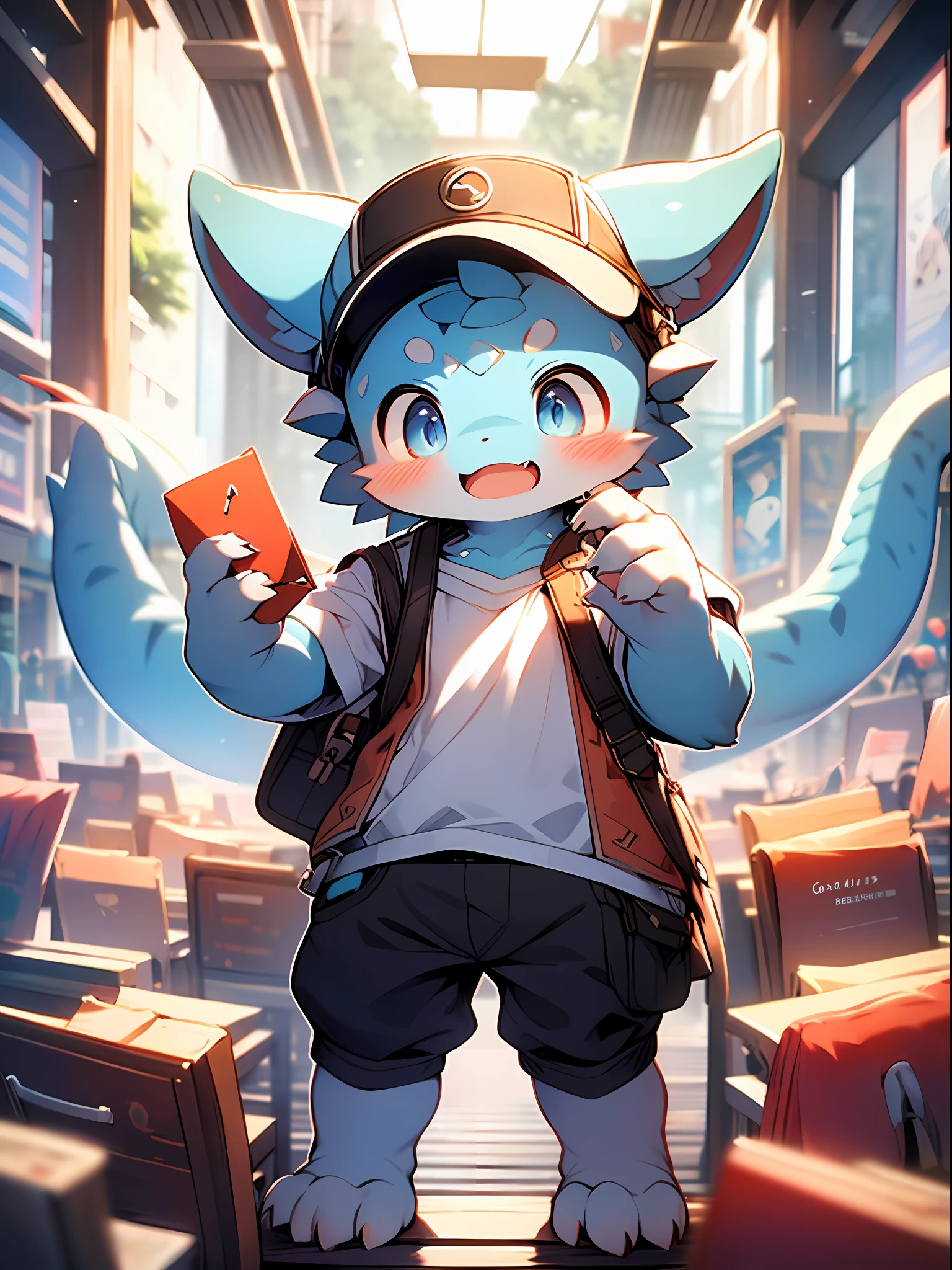 drak， Light blue scales， Q version， Cutes， to stand， Master masterpieces， highly resolution，8K，detailedbackground，hight quality，Libido boy，（by Dagasi：1.1），（（（独奏））），(Give a letter，satchel，Postman's cap，correspondence，protective goggles，A barefoot：0.6)，looking at the spectator，Reach out and hand it to the audience