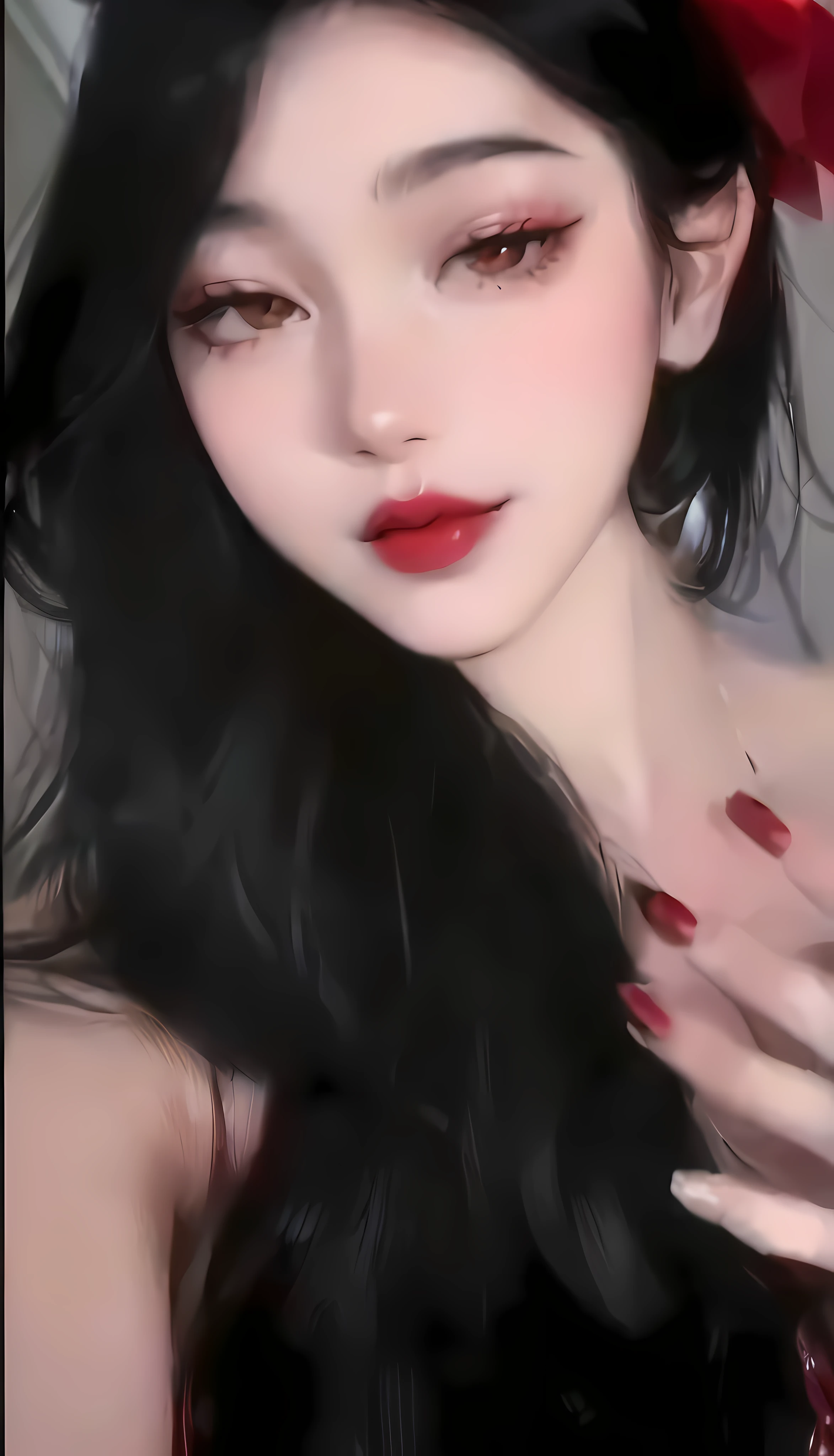 a close up of a woman with long black hair and a red bow, Sexy red lips, alluring tipha lockhart portrait, thick red lips, semi realistic anime, photorealistic anime, hyper realistic anime, Rin Tohsaka, pale snow white skin, red lipstick on face, Red lips, small and thick red lips, Sexy face,Full of makeup