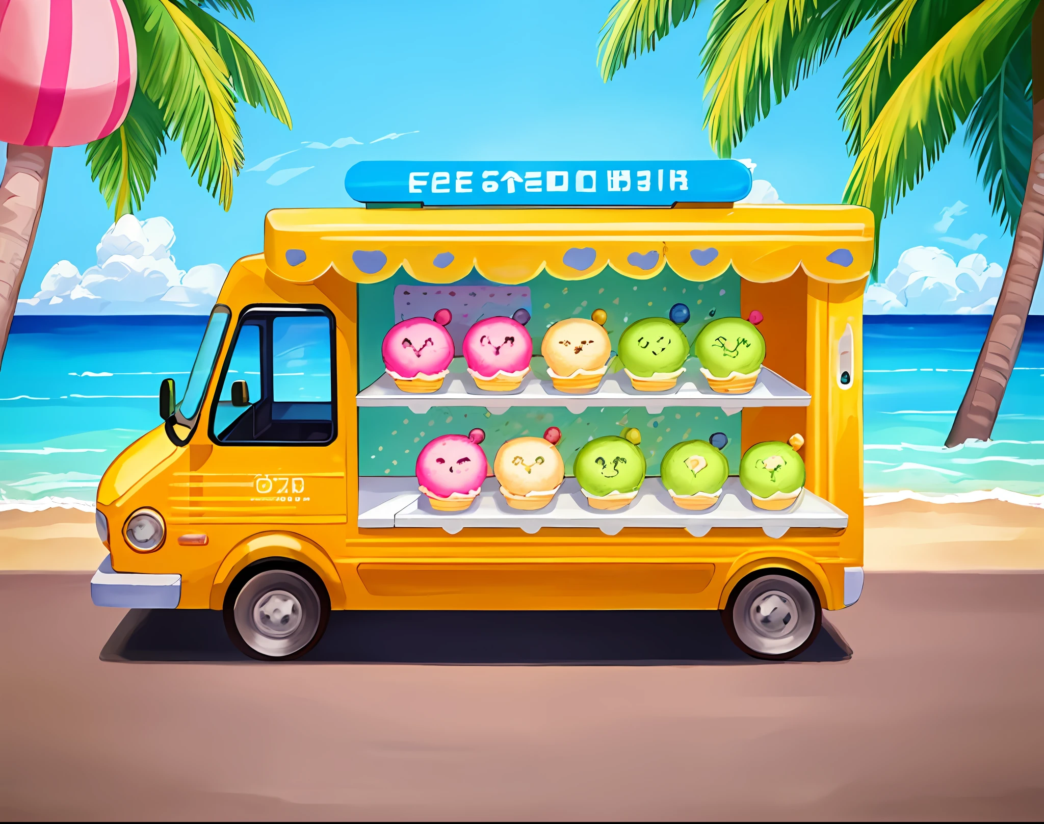 The main body is a large yellow ice cream truck，The background is on the beach，there is blue sky，coconut trees，Perspective focus，2-dimensional，Macaron color system，The color block is clear，The picture is fresh and bright，Bright colors，line art，Unlimited details，Fine painting，Beautifully portrayed，8K