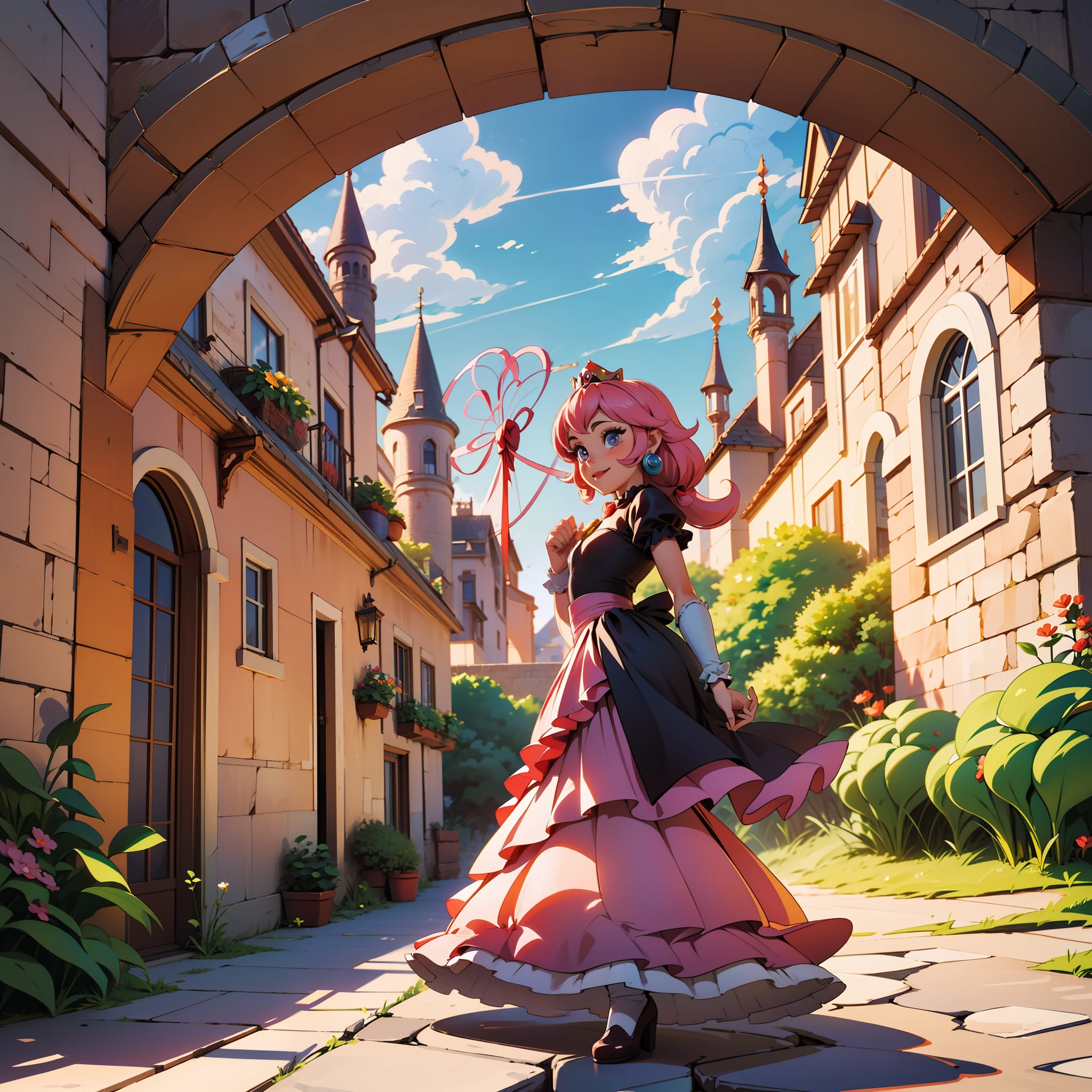 A Peach Princess, one princess peach, super mario bros princess peach, Princess Peach from the game Super Mario Bros, princesa de cabelos pretos, lindos cabelos pretos, longos cabelos preto, fringe looks like a heart, saia comprida branca, top rosa cobrindo a barriga rosa , biquini rosa, usando biquini rosa cobrindo os seios, biquini rosa plastico, usando saia curta branca sorrindo para camera, em frente ao castelo do reino dos cogumelos, castelo dos cogumelos, princesa cabelos , princesa barbie coroa detalhada, jogo super mario bros, Pessêgo princess, linda princesa, princesa posando, princesa do mundo do super mario bros, princesa de seios formosos, lindos seios, barbie princesa, corpo perfeito, cintura fina, princesa de cintura fina, grande bunda, princesa com bunda grande, princesa posando para foto na frente do castelo do reino dos cogumelos do jogo super mario bros, super mario bros filme, Portuguese princess with sausage in hand and a bottle of wine