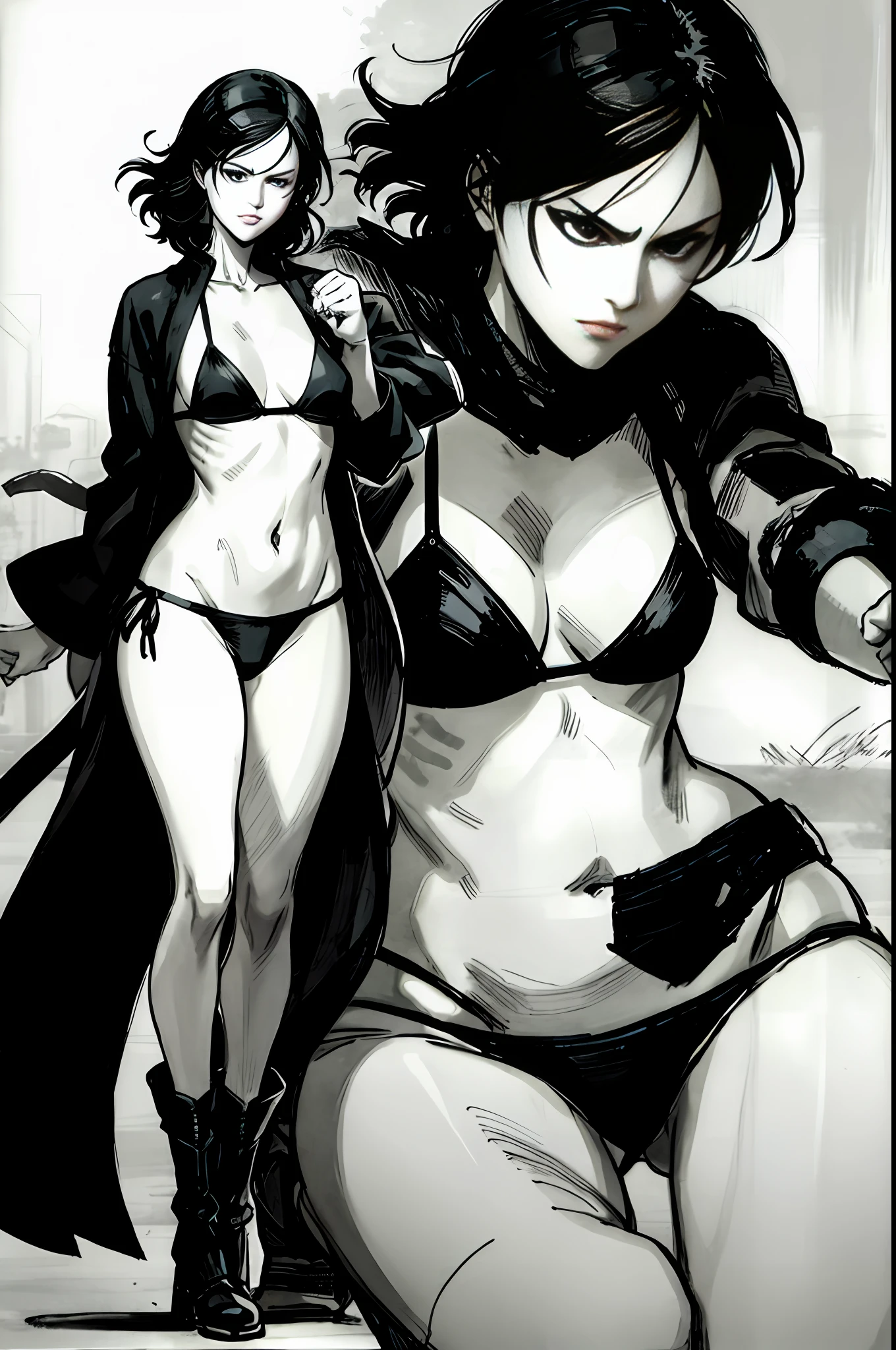 nmasterpiece,Different angles of the same woman,A wonderful storyboard display of comic characters,4K anime,(animel:1.2),Anime drawing of a female martial artist in a bikini and robes,Mysterious oriental atmosphere,tall,Plump breasts,Slim and well-proportioned waist and abdomen,Slender legs,Perfect body,Realistic action,Full of dramatic expressions,Wear boots,Combat posture study,a whole body,Dress,Image of a female boxer,Martial arts anime style,colored sketch,Sketch art style,anime artsyle,digital anime,The ultra-great resolution,Realistic scale SFW,Place your hands in her body position!,Full body combat stance,fighting action,Gesture painting,Fine sketching,Full Body Portraits,,animepainting