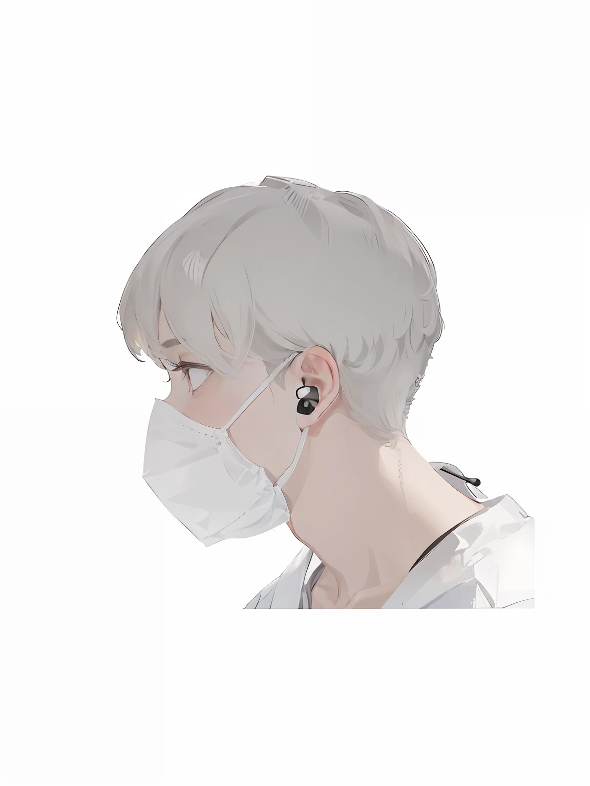 a close up of a person wearing a face mask and earphones, wearing face mask,white neck visible, medical mask, surgical mask covering mouth, side of head, shelter, side view profile centered,wearing transparent glass mask, partially masked