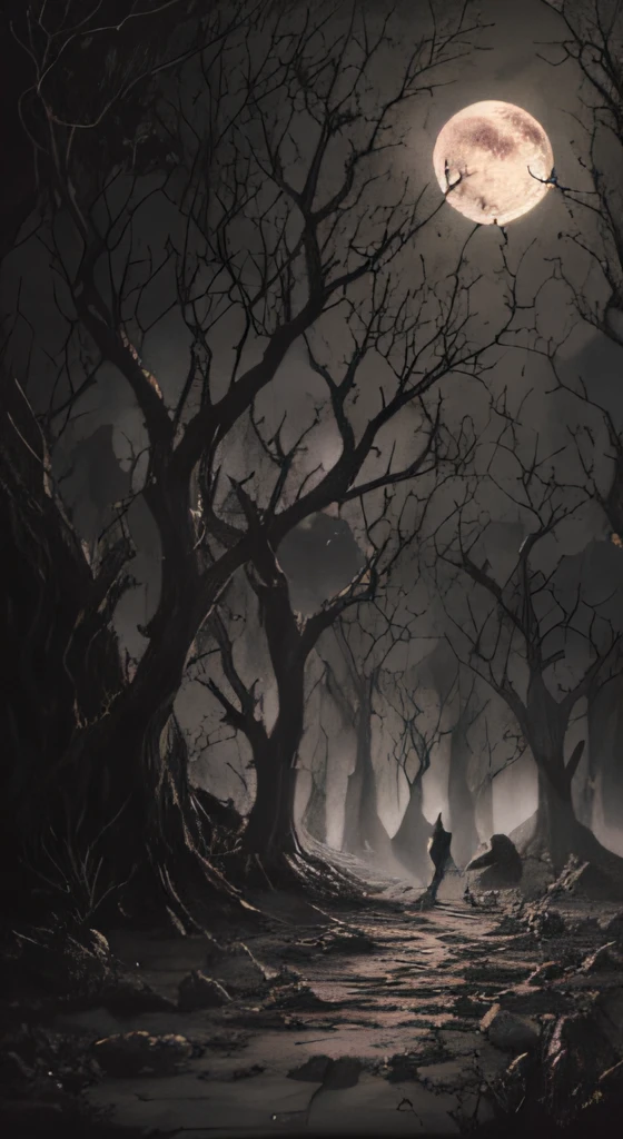 A painting of a tree，In the background is a tree with a full moon, an ominous fantasy illustration, dark fantasy style art, scary magical background, dark fantasy artwork, dark fantasy illustration, dark fantasy art style, background artwork, grimdark matte fantasy painting, fantasy dark art, dark fantasy environment, dark fantasy background, dark fantasy art, dark fantasy concept art, dark atmosphere illustration