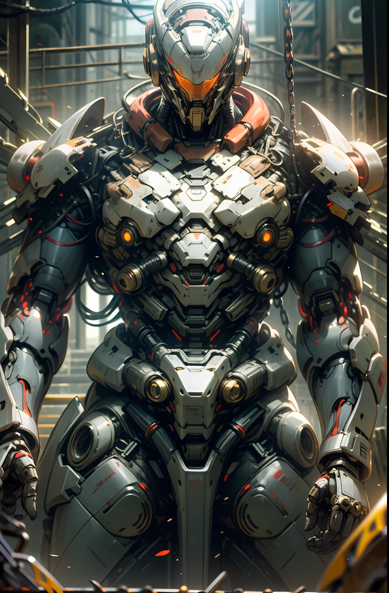 Dark_Fantasy,Cyberpunk,(chain saw,chain saw man,Red:1.1),1man,Mechanical marvel,Robotic presence,Cybernetic guardian, wearing a worn-out mech suit, intricate, (steel metal [rusty]), elegant, clear focus, shot by greg rutkowski, soft lighting, vibrant colors, masterpiece, ((street)), cowboy shot, dynamic pose,