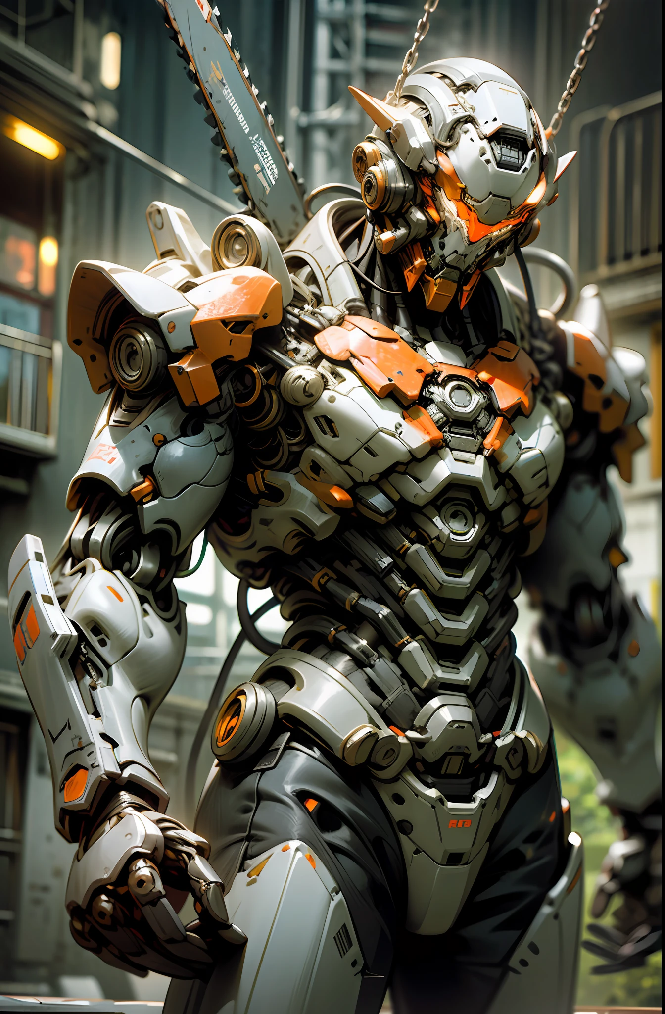 Dark_Fantasy,Cyberpunk,(chain saw,chain saw man,Red:1.1),1man,Mechanical marvel,Robotic presence,Cybernetic guardian, wearing a worn-out mech suit, intricate, (steel metal [rusty]), elegant, clear focus, shot by greg rutkowski, soft lighting, vibrant colors, masterpiece, ((street)), cowboy shot, dynamic pose,