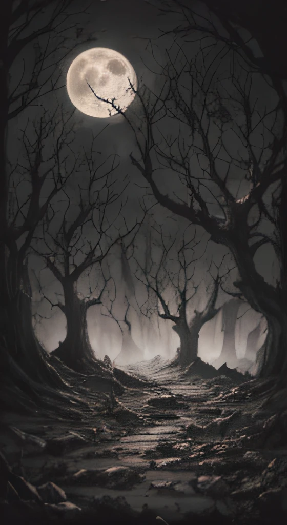 A painting of a tree,In the background is a tree with a full moon, an ominous fantasy illustration, dark fantasy style art, scary magical background, dark fantasy artwork, dark fantasy illustration, dark fantasy art style, background artwork, grimdark matte fantasy painting, fantasy dark art, dark fantasy environment, dark fantasy background, dark fantasy art, dark fantasy concept art, dark atmosphere illustration