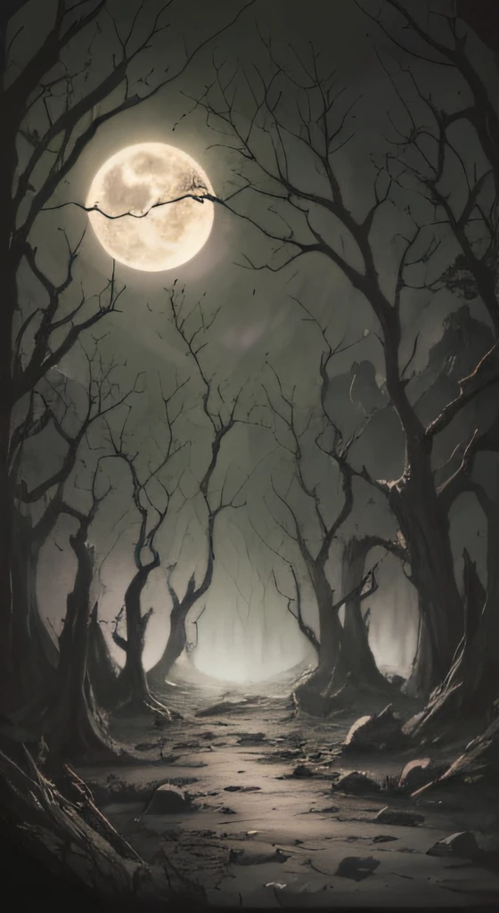 A painting of a tree，In the background is a tree with a full moon, an ominous fantasy illustration, dark fantasy style art, scary magical background, dark fantasy artwork, dark fantasy illustration, dark fantasy art style, background artwork, grimdark matte fantasy painting, fantasy dark art, dark fantasy environment, dark fantasy background, dark fantasy art, dark fantasy concept art, dark atmosphere illustration