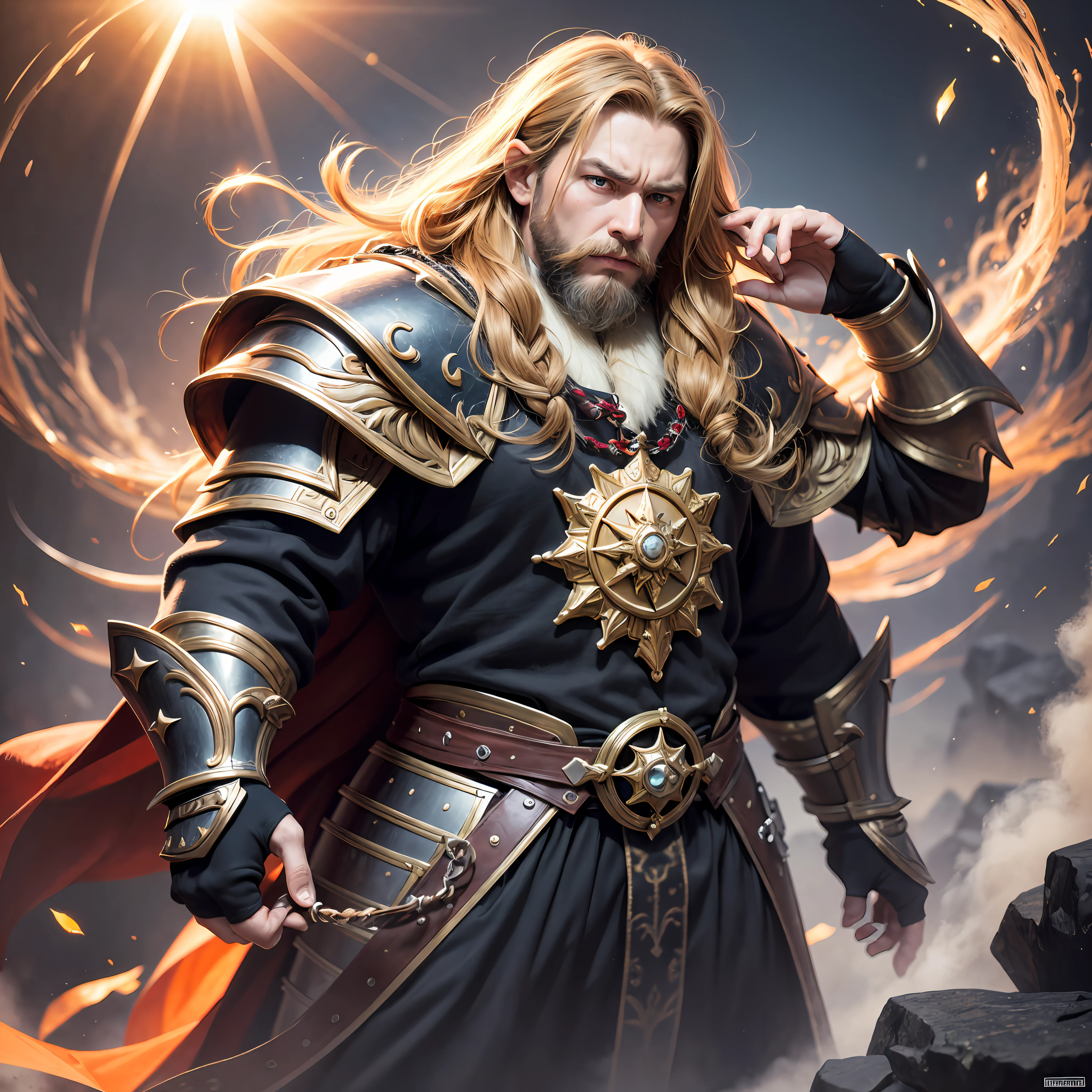 arafed, male, dwarf, fanatasy art, (Masterpiece 1.5, intense details)cleric, paladin, (Masterpiece 1.5, intense details), casting a spell (Masterpiece 1.3, intense details),wearing heavy black armor with spikes (Masterpiece 1.2, intense details), orange cloak with sun symbol, flowing (Masterpiece 1.5, intense details) holy symbol, blond hair, long braided beard, hair strand, frown, serious, high detail, Realism, Action painting, depth of field, god rays, wide shot, panorama, Ultra-Wide Angle, UHD, super detail, high quality, 4K, highres