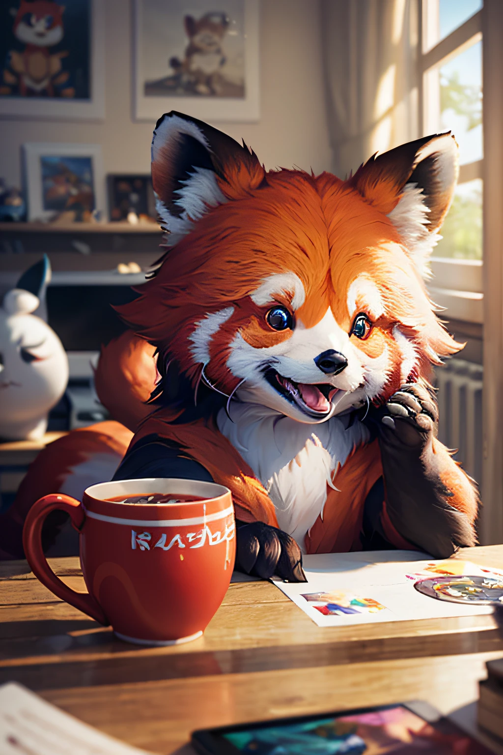 The cute and cute red panda waved and smiled to greet me，unrealengine，cozy interior lighting，art stations，Detailed digital painting，cinematic lig，Character design for Mark Raden and Pixar and Hayao Miyazaki，illusory 5，daz，The ultra-Realistically，octane rendered