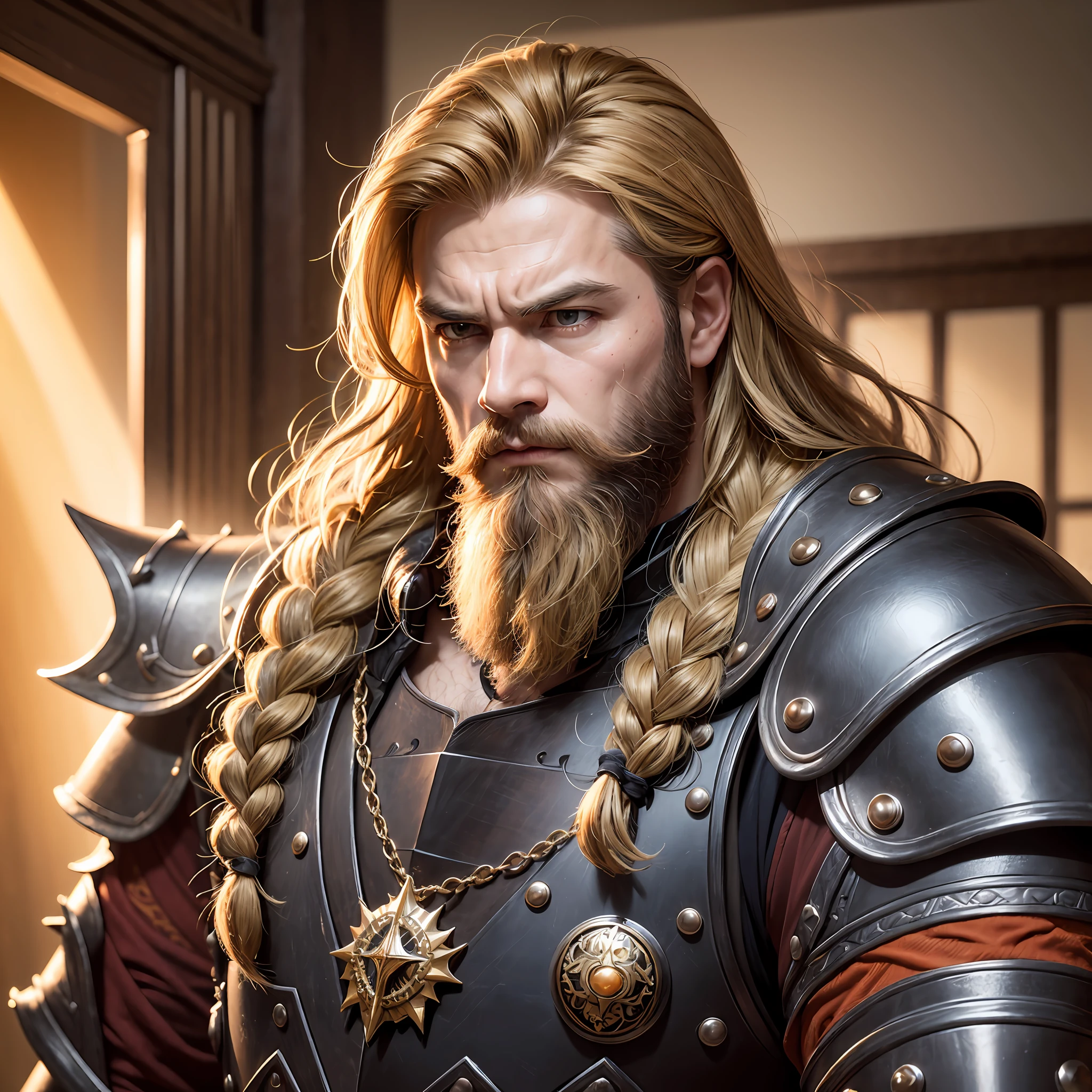 arafed, male, dwarf, fanatasy art, (Masterpiece 1.5, intense details)cleric, paladin, (Masterpiece 1.5, intense details), casting a spell (Masterpiece 1.3, intense details),wearing heavy black armor with spikes (Masterpiece 1.2, intense details), orange cloak with sun symbol, flowing (Masterpiece 1.5, intense details) holy symbol, blond hair, long braided beard, hair strand, frown, serious, high detail, Realism, Action painting, depth of field, god rays, wide shot, panorama, Ultra-Wide Angle, UHD, super detail, high quality, 4K, highres