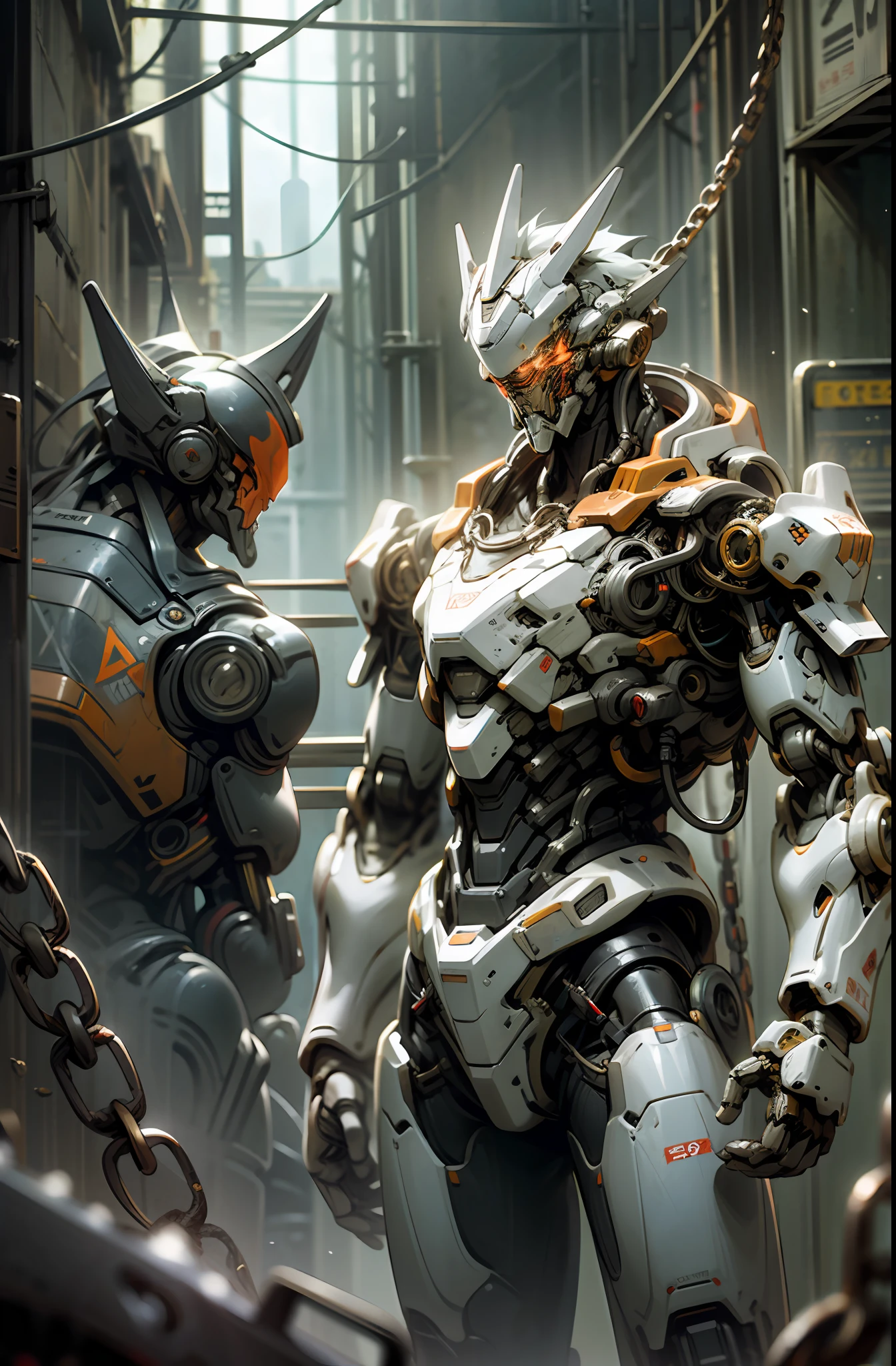 Dark_Fantasy,Cyberpunk,(chain saw,chain saw man,Red:1.1),1man,Mechanical marvel,Robotic presence,Cybernetic guardian, wearing a worn-out mech suit, intricate, (steel metal [rusty]), elegant, clear focus, shot by greg rutkowski, soft lighting, vibrant colors, masterpiece, ((street)), cowboy shot, dynamic pose,