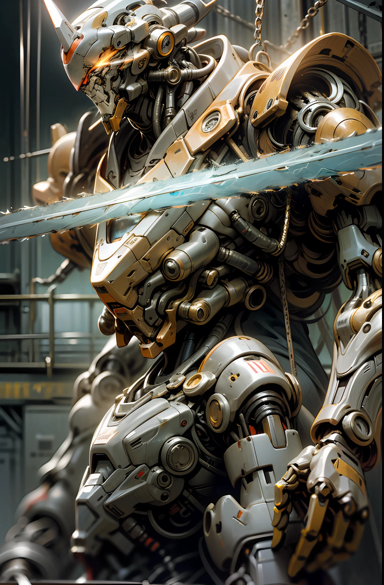 Dark_Fantasy,Cyberpunk,(chain saw,chain saw man,Red:1.1),1man,Mechanical marvel,Robotic presence,Cybernetic guardian, wearing a worn-out mech suit, intricate, (steel metal [rusty]), elegant, clear focus, shot by greg rutkowski, soft lighting, vibrant colors, masterpiece, ((street)), cowboy shot, dynamic pose,