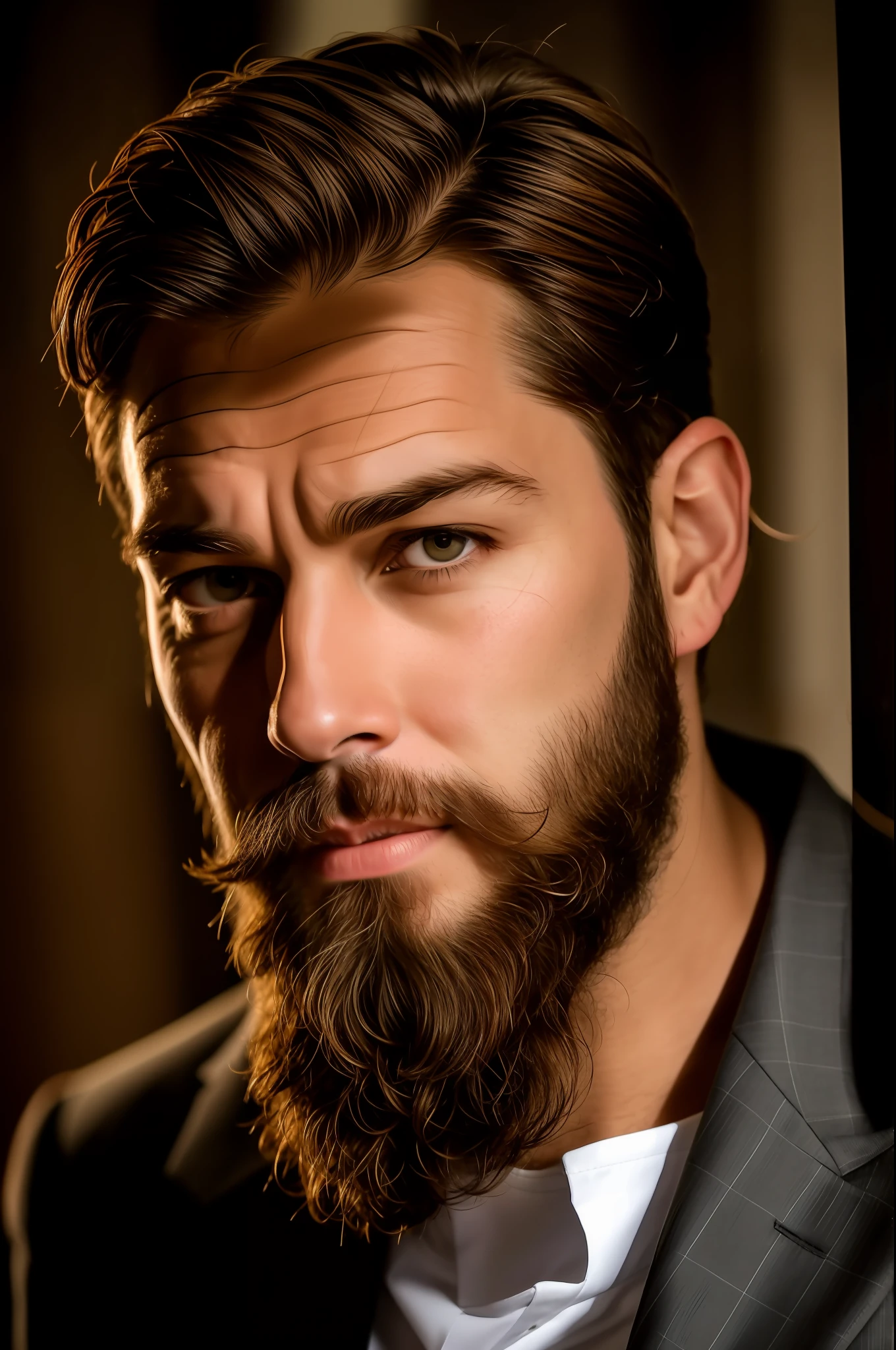 arafed man with a beard and a suit jacket looking at the camera, very attractive man with beard, cinematic headshot portrait, thick brown beard, groomed beard, brown beard, bearded beautiful man, light beard, short brown beard, antony starr, grizzled beard, man with beard, bearded man, scruffy brown beard, neat beard, bearded, thick beard