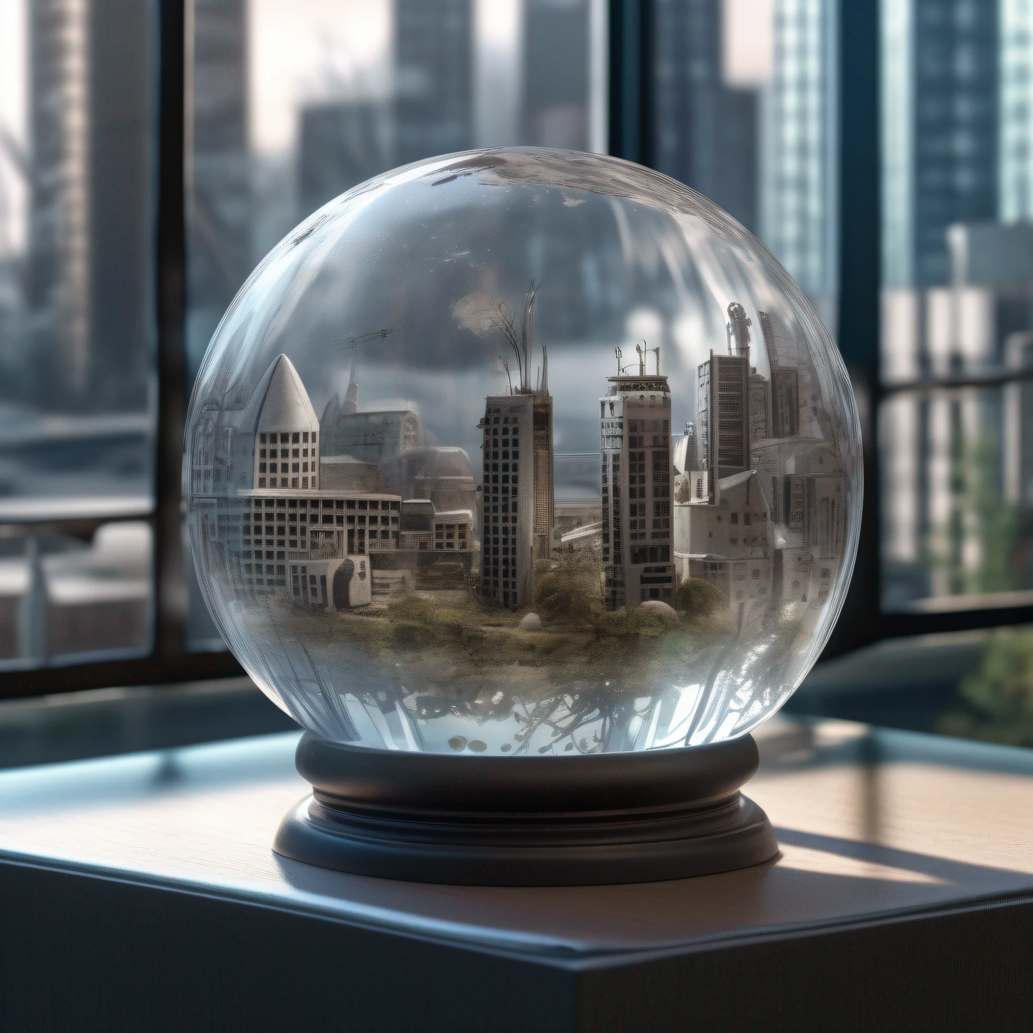 A super realistic and ultra-detailed mini-scene, miniature in a high-transparency crystal ball, inside is the scene of the atomic bombing of the city, the crystal ball is placed on a horizontal tabletop, the background is transparent glass walls, towering industrial towers everywhere and some withered vegetation, (intricate details: 1.2), (8K, best quality, masterpiece: 1.2), (realistic, photo photofidelity: 1.37), ultra-detailed, ultra-detailed photo realism by Greg Rutkowski - H1024W 804 |F16 lens mark 2:2 S 35555 mm film grain: 1 Realistic high resolution sharp-focus contrast! Detailed atmospheric refractive illumination shows CGSociety trends