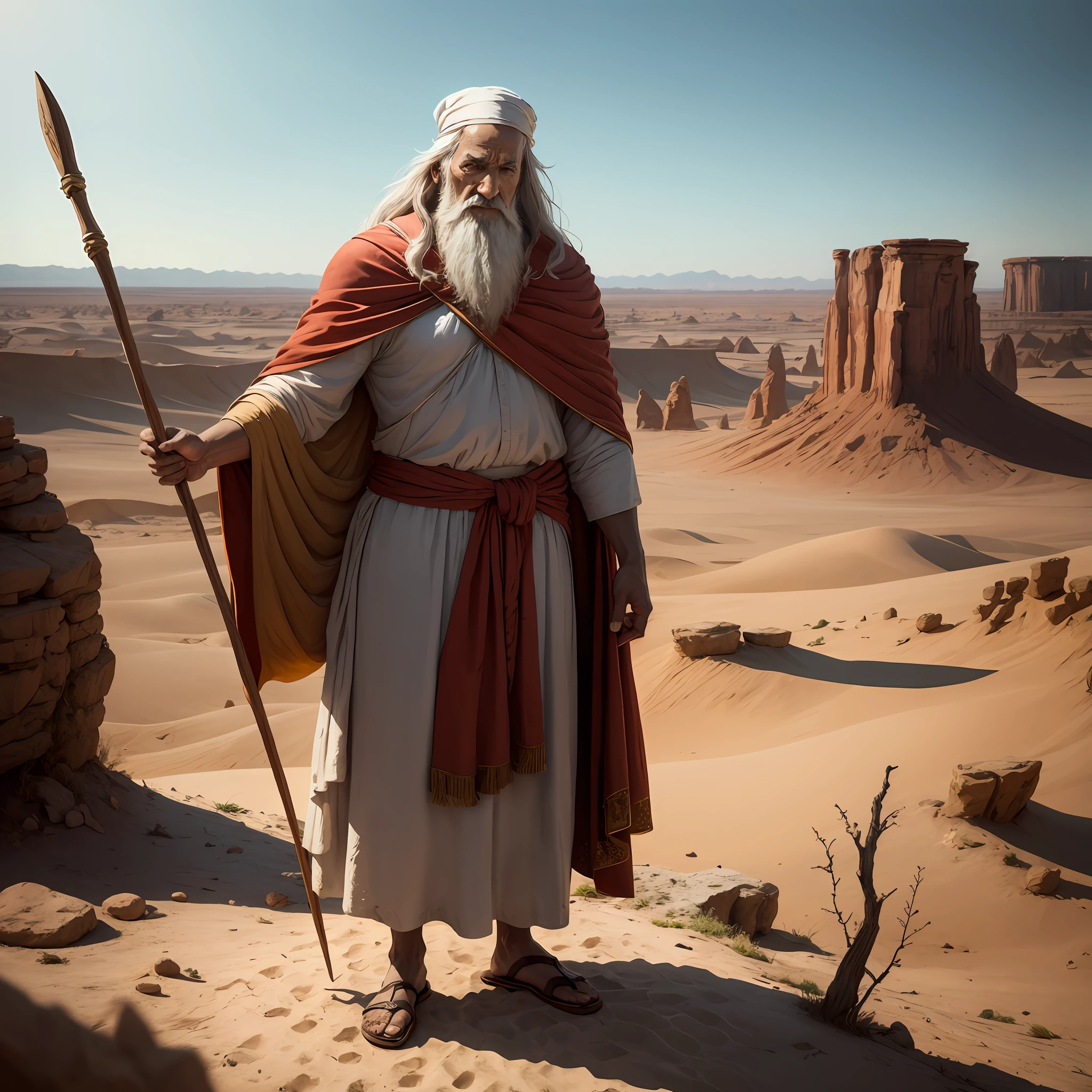 Moses from the Bible holding a wooden staff, imagem bem realista, ultra detalhada, perto de um rio, ambiente que se assemelhe a um deserto --auto