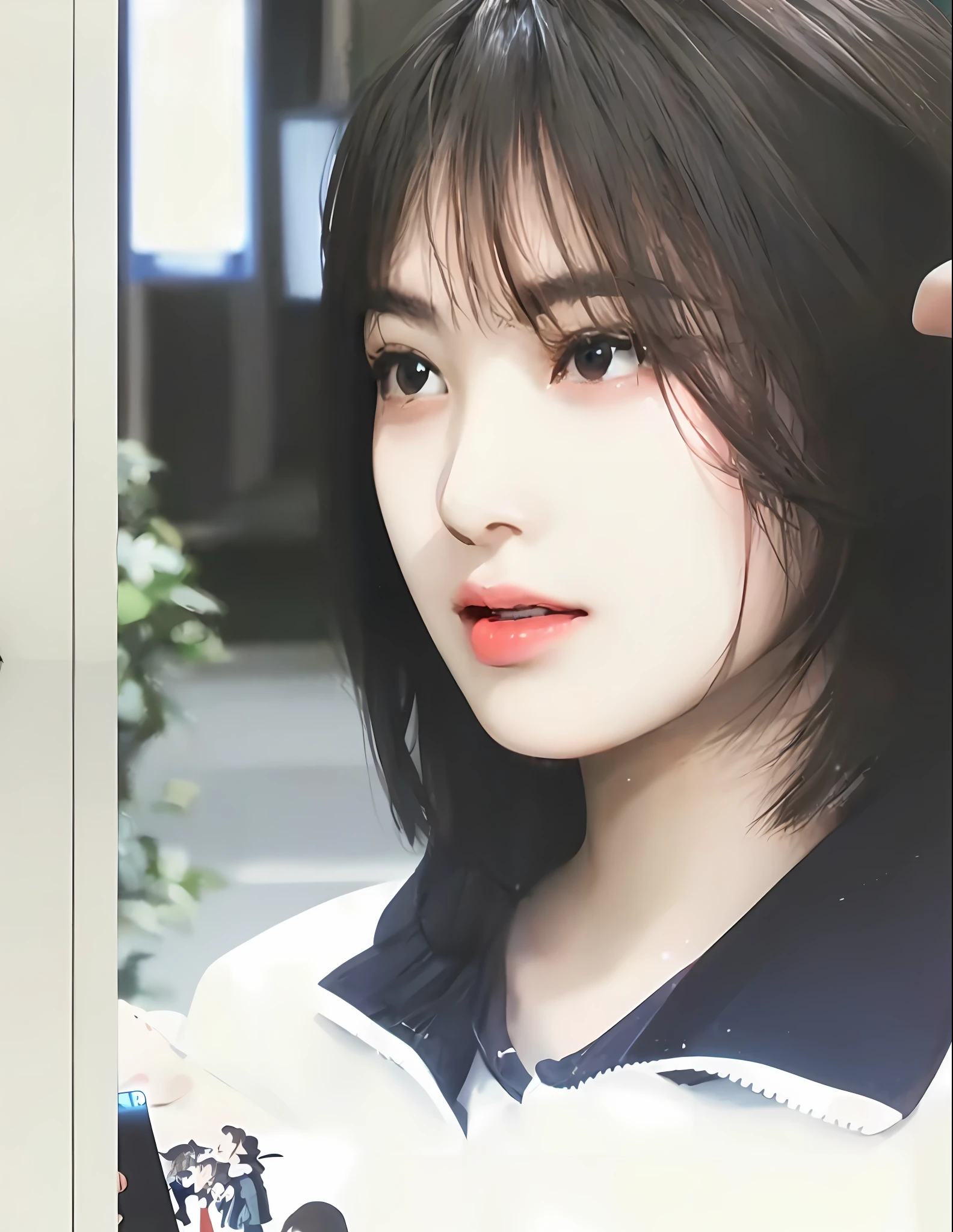 there is a woman with a cell phone in her hand, Inspired by Ma Yuanyu, close up iwakura lain, chiho, Realistic. Cheng Yi, [ photo of a realistic ]!!, close up of iwakura lain, iwakura lain, shinsui ito, mao hamaguchi, with cute - fine - face, tzuyu from twice