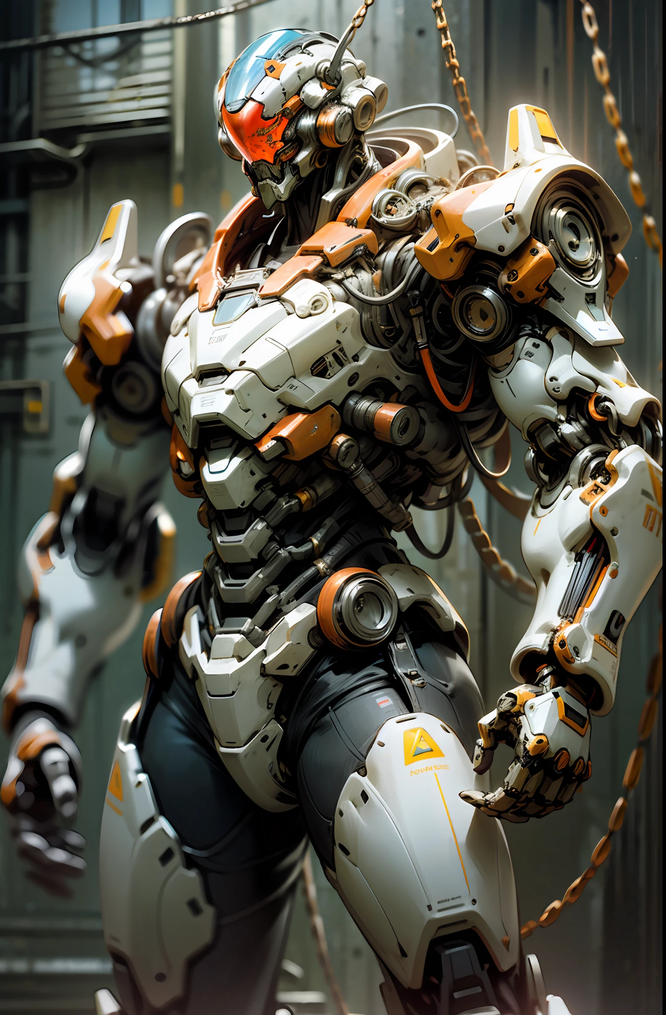 Dark_Fantasy,Cyberpunk,(chain saw,chain saw man,Red:1.1),1man,Mechanical marvel,Robotic presence,Cybernetic guardian, wearing a worn-out mech suit, intricate, (steel metal [rusty]), elegant, clear focus, shot by greg rutkowski, soft lighting, vibrant colors, masterpiece, ((street)), cowboy shot, dynamic pose,