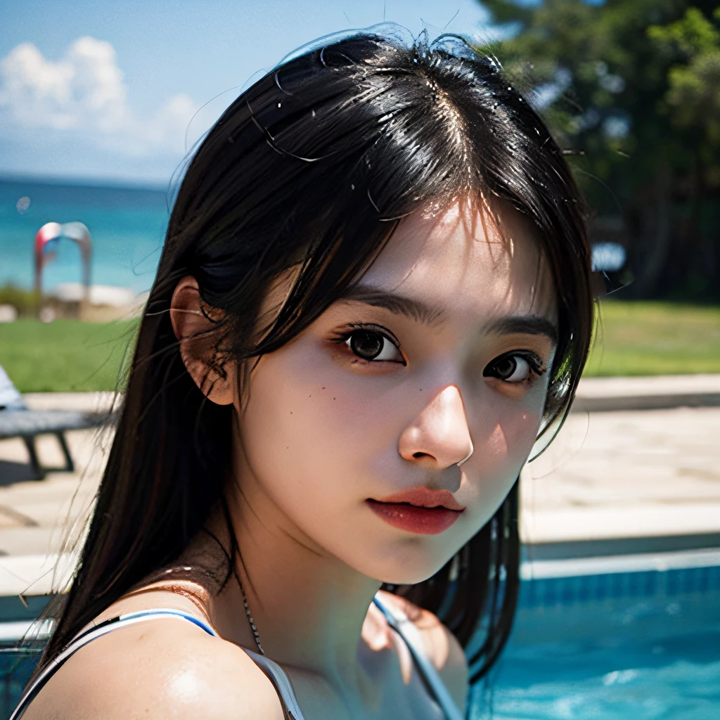 best quality,masterpiece,ultra high res,(photo realistic:1.6),1girl,looking at viewer,(swimsuit),japanese girl,