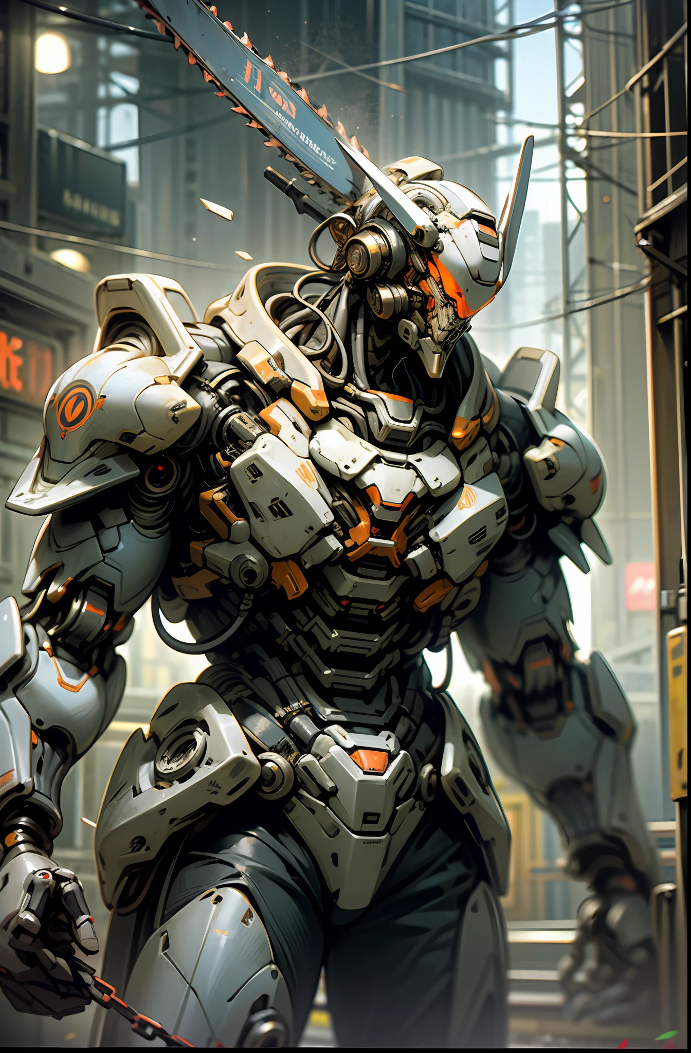 Dark_Fantasy,Cyberpunk,(chain saw,chain saw man,Red:1.1),1man,Mechanical marvel,Robotic presence,Cybernetic guardian, wearing a worn-out mech suit, intricate, (steel metal [rusty]), elegant, clear focus, shot by greg rutkowski, soft lighting, vibrant colors, masterpiece, ((street)), cowboy shot, dynamic pose,