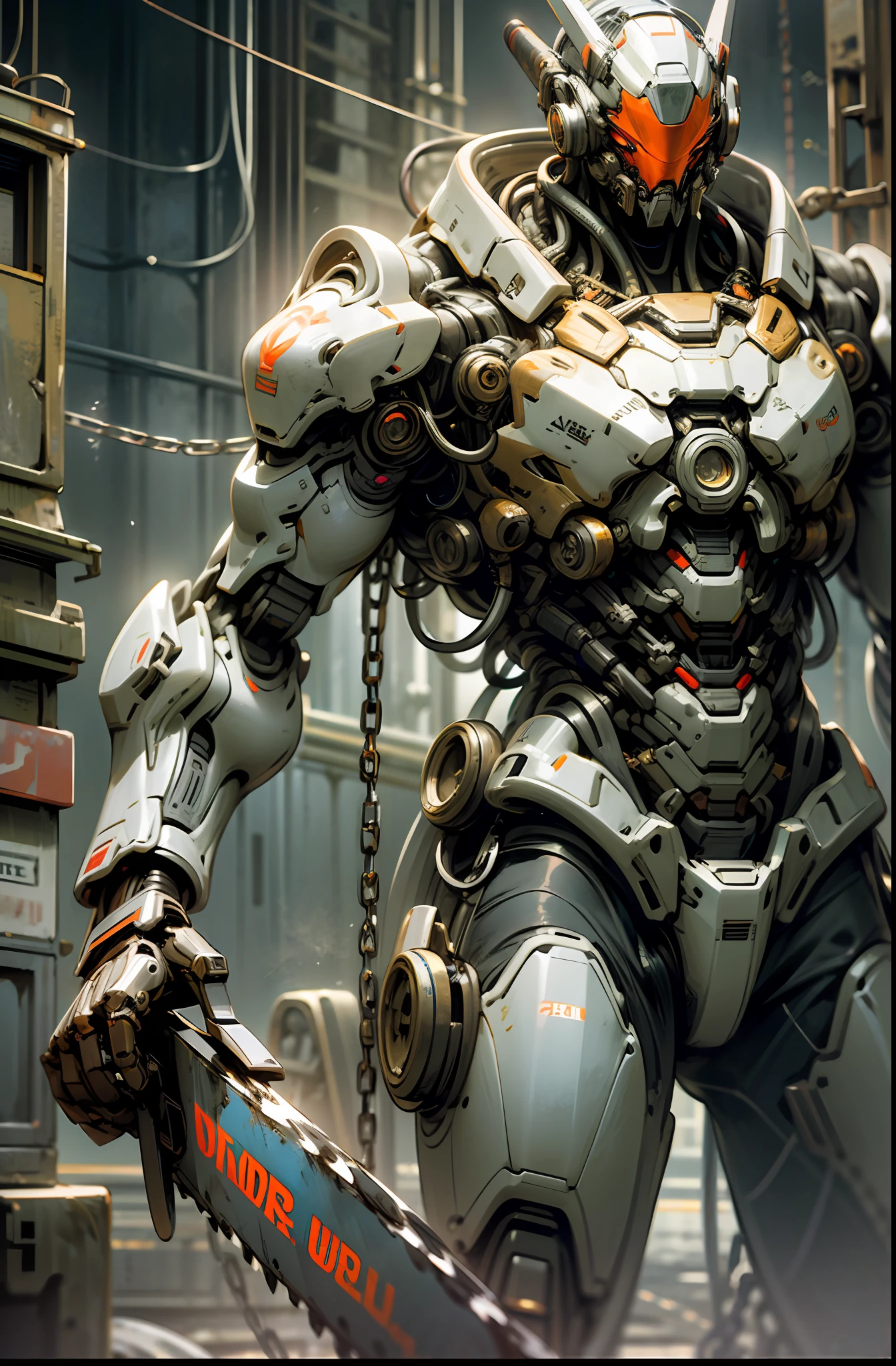 Dark_Fantasy,Cyberpunk,(chain saw,chain saw man,Red:1.1),1man,Mechanical marvel,Robotic presence,Cybernetic guardian, wearing a worn-out mech suit, intricate, (steel metal [rusty]), elegant, clear focus, shot by greg rutkowski, soft lighting, vibrant colors, masterpiece, ((street)), cowboy shot, dynamic pose,