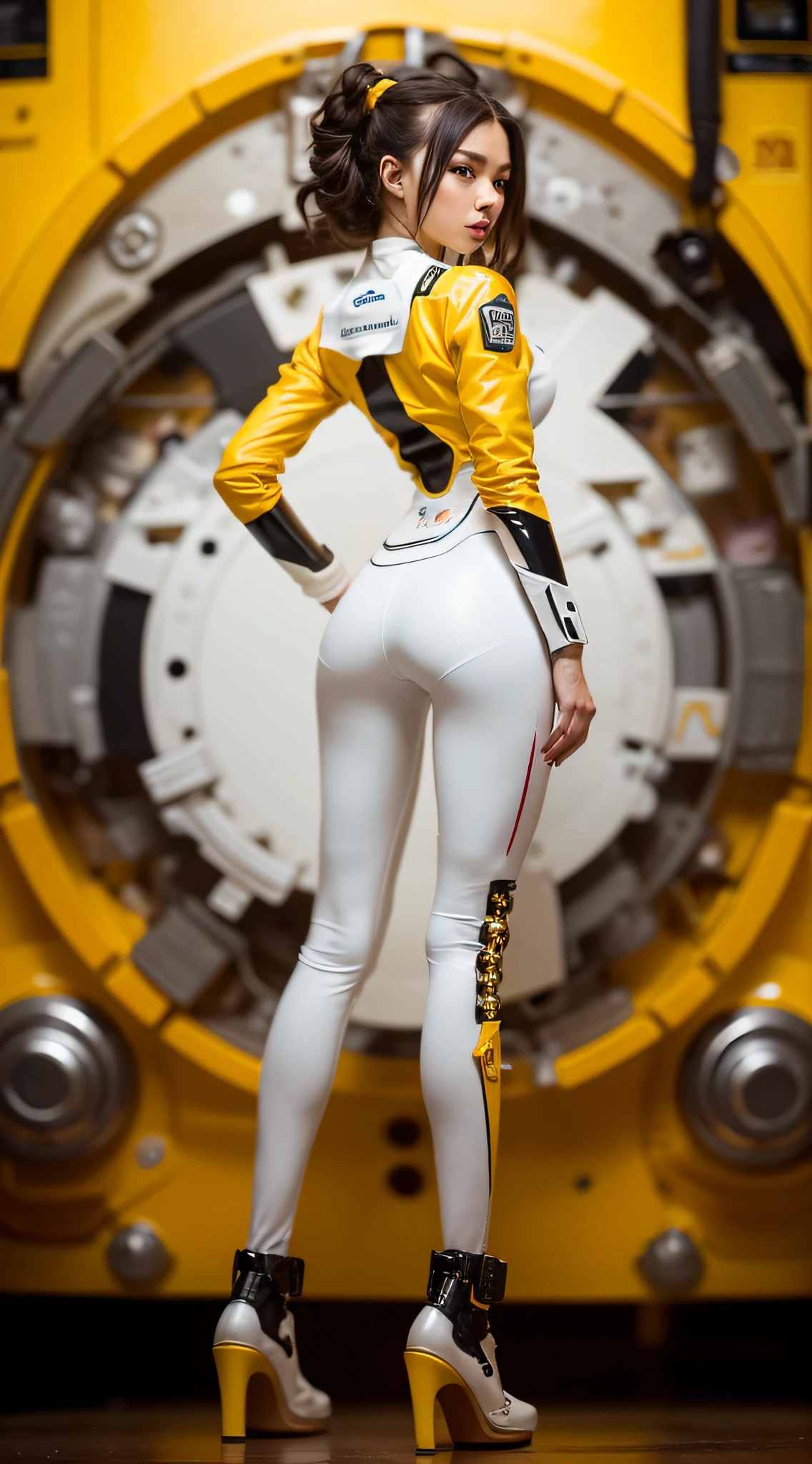 a close up of a woman in a yellow suit standing in front of a clock, gynoid cyborg body, cybernetic and highly detailed, cybernetic body, cyberpunk glossy latex suit, ultra detailed female android, Cyberpunk 2 0 y. o model girl, broken beautiful female android!, yellow space suit, elegant yellow skin, Highly detailed cybernetic subjects