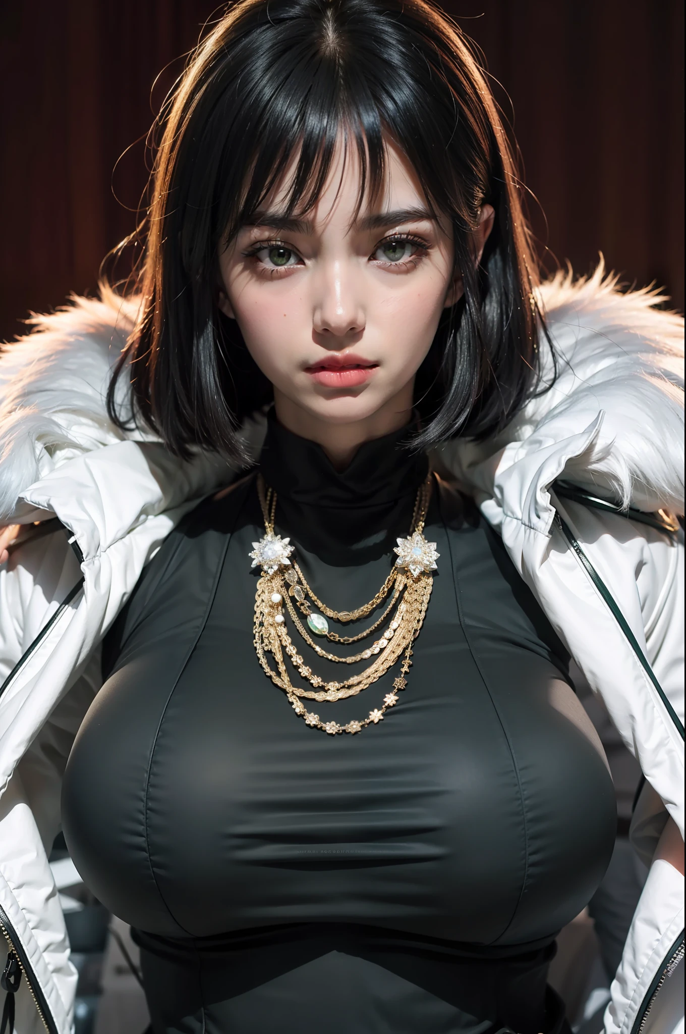 fubuki\(one punch man\),1girl,solo, large breasts, green eyes, black hair,portrait, taut clothes, taut dress, fur trim, fur coat, necklace, looking at viewer, mature female,