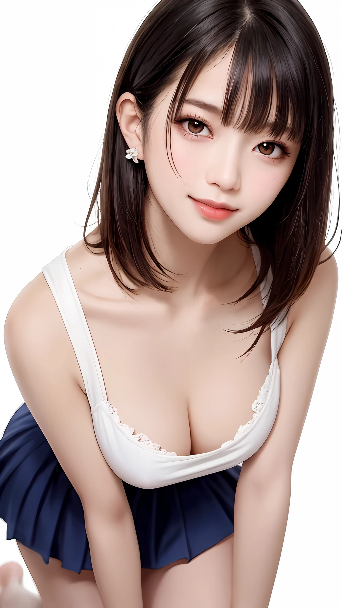 Pee (incontinence: 1.47), fashion trendy beautiful and attractive woman, gentle and attractive Chinese beautiful woman, Korean (kpop idol), delicate and sexy collarbone, attractive oval face, double eyelids, smart [peach] flower eyes, pink lips, small nose, bare shoulders, focus on face, [[face close-up], ultra high definition, super detail, White off-shoulder lace shirt, (((white lace panties), fresh and impressive, natural (large: 1.25), (kneel on the ground), (legs wide open), (legs spread), (from a low angle), (upright 1.5), (shiny skin: 1.4), (low angle)), perfect figure, areola, cleavage, armpit wrinkles, (floor urine)), (NSFW: 1.05), ( Showpiece, top quality, high precision)), one girl, (big, photorealistic: 1.4), (slightly above the camera, looking up at the camera, looking up, looking up at the camera, staring at the camera))), solo, solo, white background, snow-white background, mouth closed, happy smile, pretty black hair, short hair, big eyes, pronounced double eyelids, eyelashes, ears out, long neck, long neck, Absolute area, ((close-up of face, short hair with bangs)), 19 years old, attractive proportions, shiny skin, clean collarbone, golden ratio face, perfect face, teardrop mole, chest mole, bangs, clean bangs, beautiful bangs, lip gloss, thin lips, white skin, undressed, big breasts, small face, staring at the camera a little upwards, ((smiling a little at the camera, really nothing pure white background, very big, big big, big breasts)), ((((uniform, shirt))))