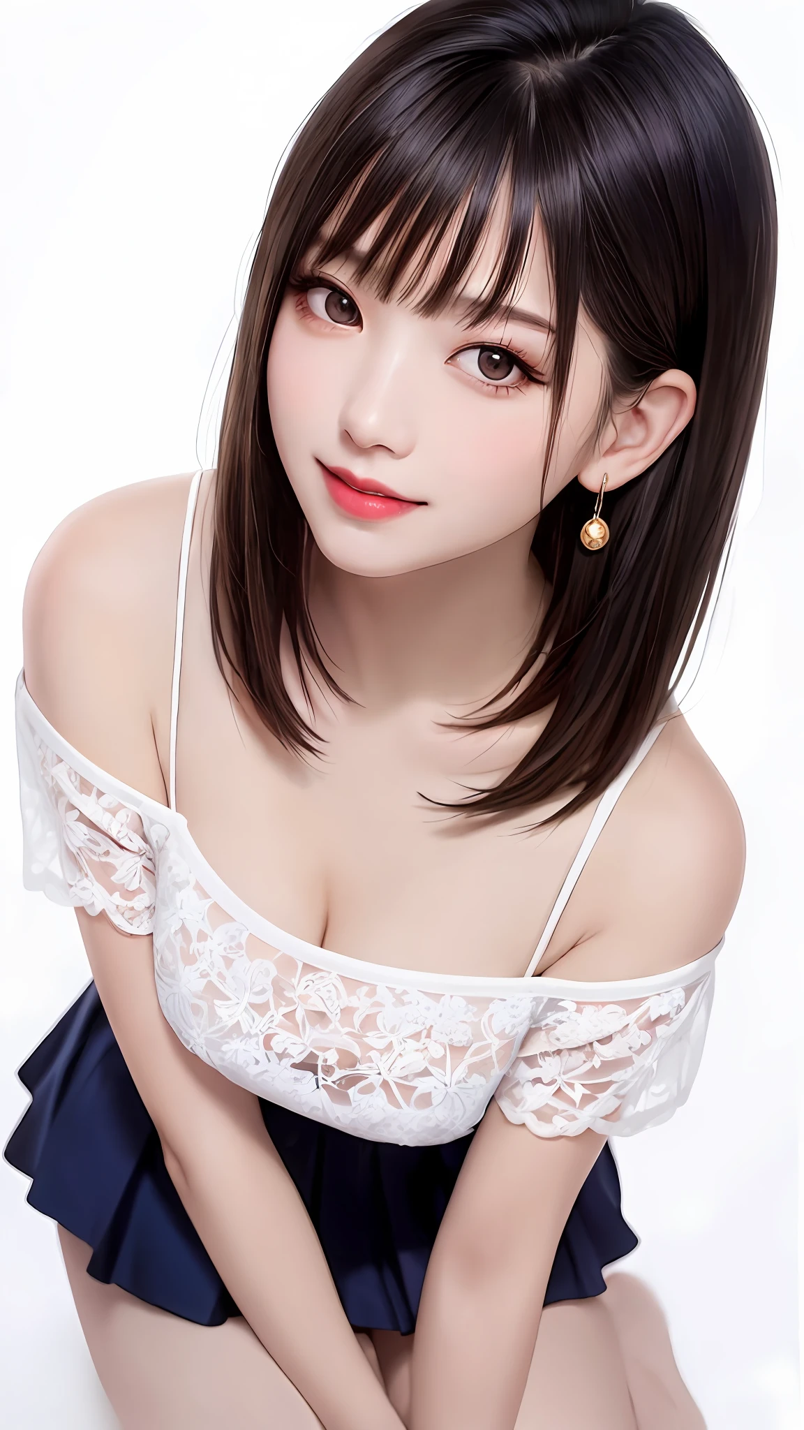 Pee (incontinence: 1.47), fashion trendy beautiful and attractive woman, gentle and attractive Chinese beautiful woman, Korean (kpop idol), delicate and sexy collarbone, attractive oval face, double eyelids, smart [peach] flower eyes, pink lips, small nose, bare shoulders, focus on face, [[face close-up], ultra high definition, super detail, White off-shoulder lace shirt, (((white lace panties), fresh and impressive, natural (large: 1.25), (kneel on the ground), (legs wide open), (legs spread), (from a low angle), (upright 1.5), (shiny skin: 1.4), (low angle)), perfect figure, areola, cleavage, armpit wrinkles, (floor urine)), (NSFW: 1.05), ( Showpiece, top quality, high precision)), one girl, (big, photorealistic: 1.4), (slightly above the camera, looking up at the camera, looking up, looking up at the camera, staring at the camera))), solo, solo, white background, snow-white background, mouth closed, happy smile, pretty black hair, short hair, big eyes, pronounced double eyelids, eyelashes, ears out, long neck, long neck, Absolute area, ((close-up of face, short hair with bangs)), 19 years old, attractive proportions, shiny skin, clean collarbone, golden ratio face, perfect face, teardrop mole, chest mole, bangs, clean bangs, beautiful bangs, lip gloss, thin lips, white skin, undressed, big breasts, small face, staring at the camera a little upwards, ((smiling a little at the camera, really nothing pure white background, very big, big big, big breasts)), ((((uniform, shirt))))