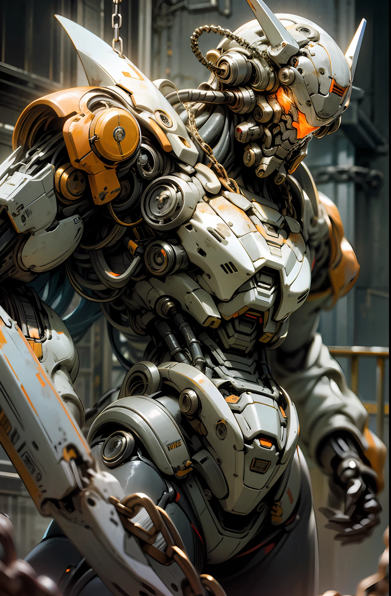 Dark_Fantasy,Cyberpunk,(chain saw,chain saw man,Red:1.1),1man,Mechanical marvel,Robotic presence,Cybernetic guardian, wearing a worn-out mech suit, intricate, (steel metal [rusty]), elegant, clear focus, shot by greg rutkowski, soft lighting, vibrant colors, masterpiece, ((street)), cowboy shot, dynamic pose,