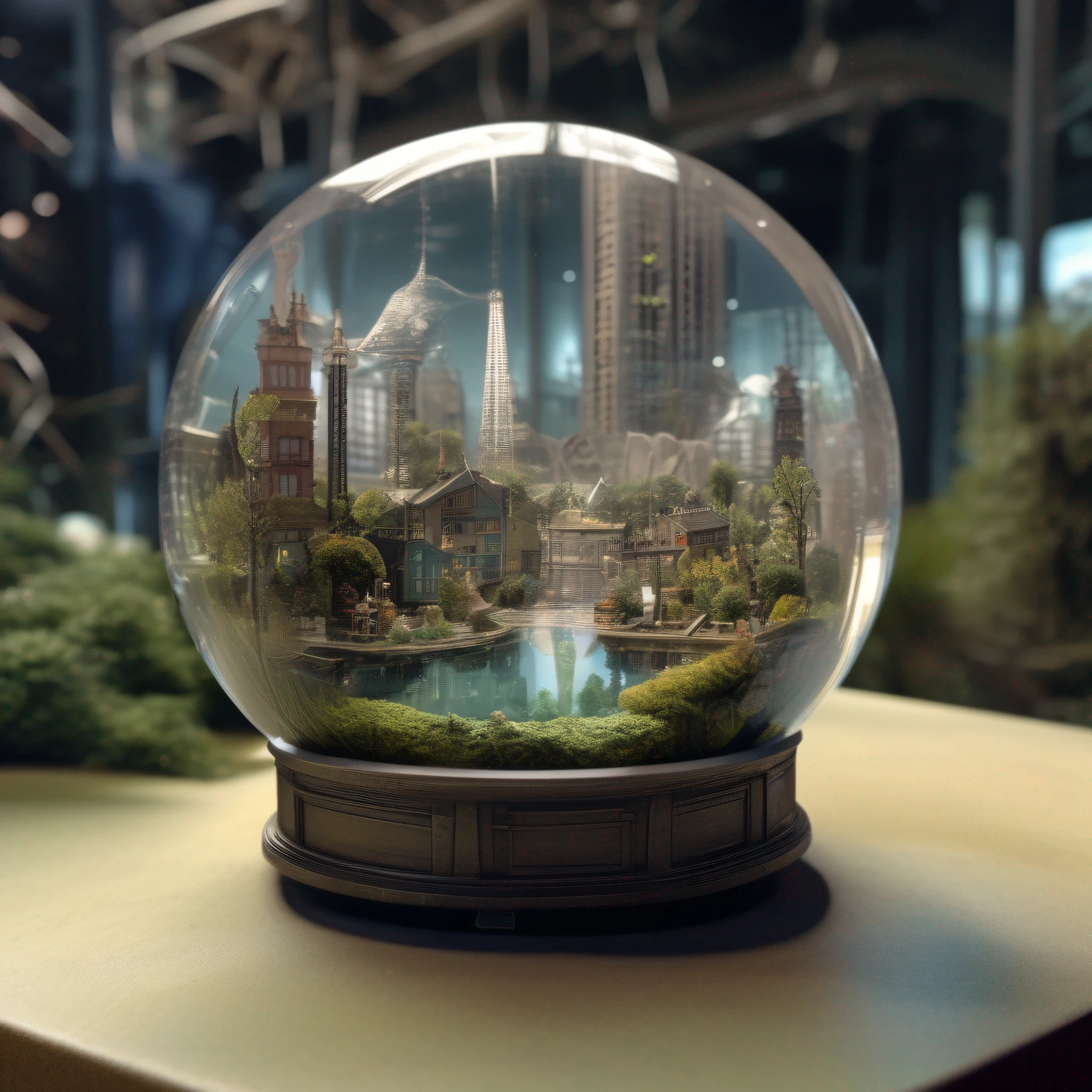 An ultra-realistic and detailed mini-scene,Miniaturized in a highly transparent crystal ball,Inside is a scene of a wonderland on earth,The crystal ball is placed on a horizontal tabletop,The background is a transparent glass wall,Towering industrial towers are everywhere and there is some withered vegetation,(Intricate Detailing:1.2),(8K, best qulity, The Masterpiece:1.2), (lifelike, photo realistic:1.37), ultra - detailed,Ultra-detailed photorealism author:Greg Rutkowski - H1024W 804 |F16 lens mark 2:2 S 35555 mm film grain:1 Realistic high resolution sharp-focus contrast!Detailed atmospheric refractive illumination shows CGSociety trends