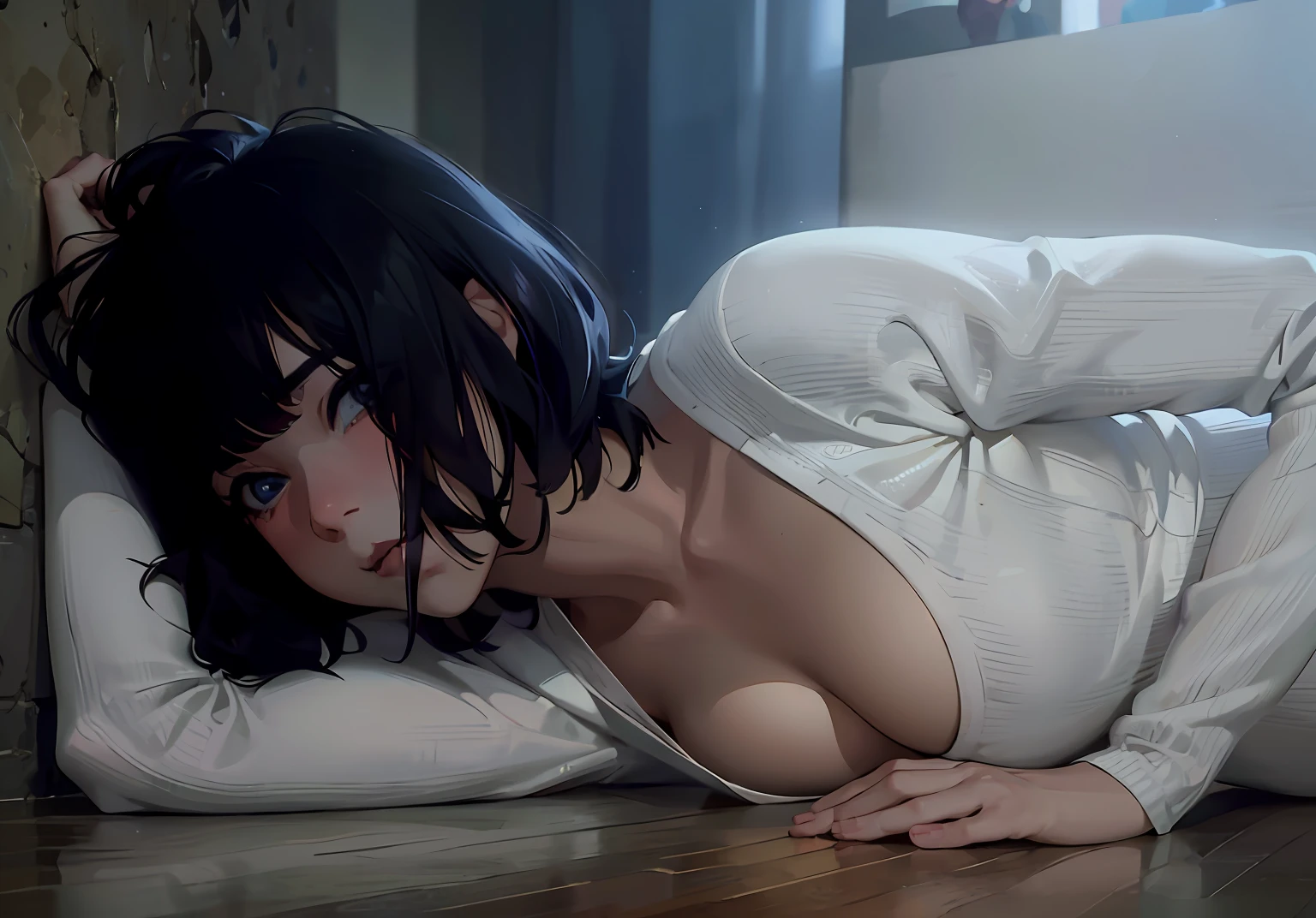 absurdist、(巨作、Top Quality、extremely detailed CG、Beautiful detailed eyes、ultra detaild、highly resolution、intricated details:1.3)、8k壁紙、(elaborate features:1.2)、(1girls、独奏:1.3)、 (Lifelike texture:1.4), a Pretty, (brilliantly colored, dynamic lighting:1.2), (High Contrast:0.9), (Delicate strokes:1.3)、there is a woman laying on the floor with her arms on her stomach, shikamimi, Ilya Kuvshinov. 4 k, 奈良美智, Very seductive poses, chiho, Chiho Ashima, Asian Girl, deayami kojima, wearing white leotard, with short hair, shy looking down